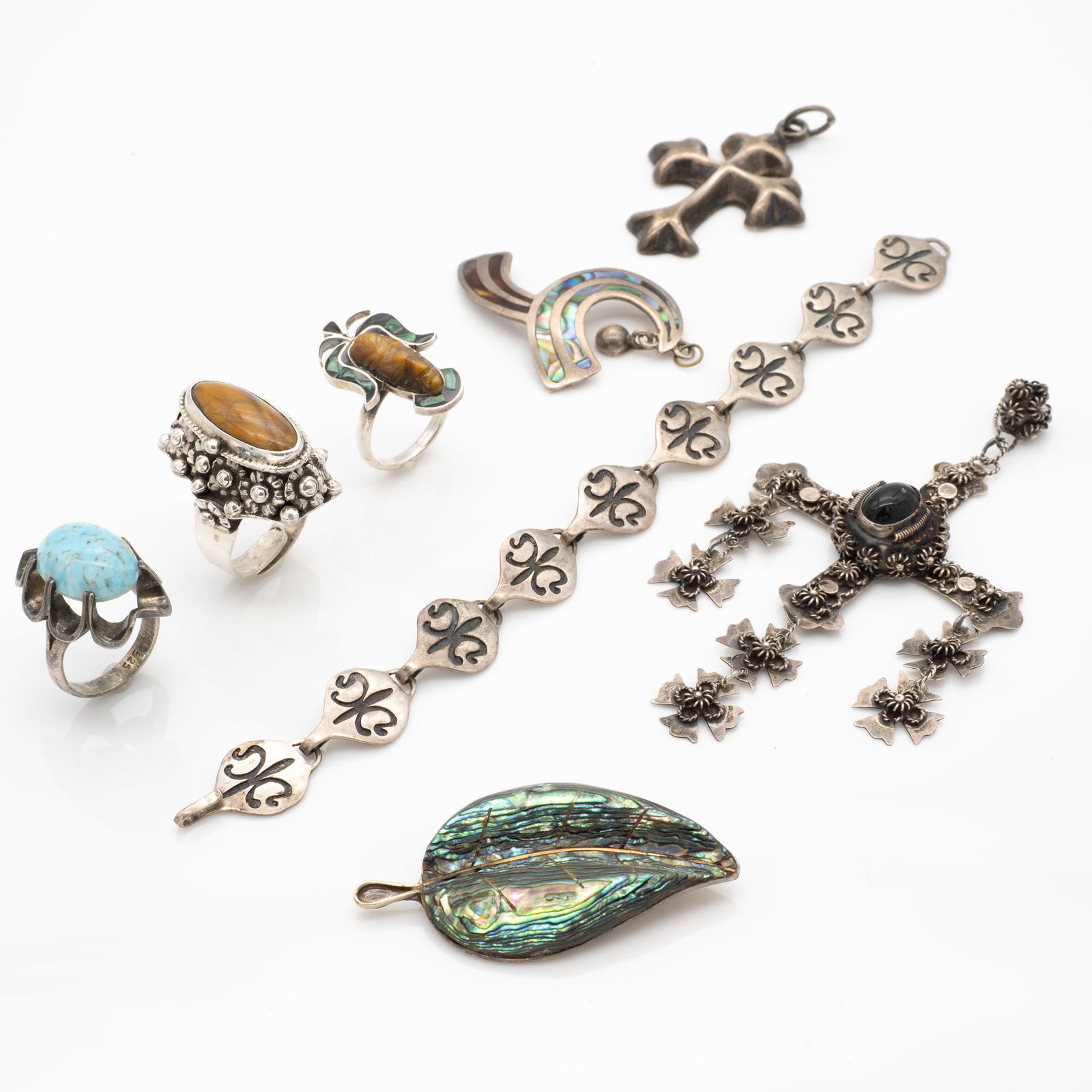 Lot of Vintage Sterling Silver Mexican Jewelry incl Poison Ring, Abalone, Onyx, Tigers Eye (1 of 9)