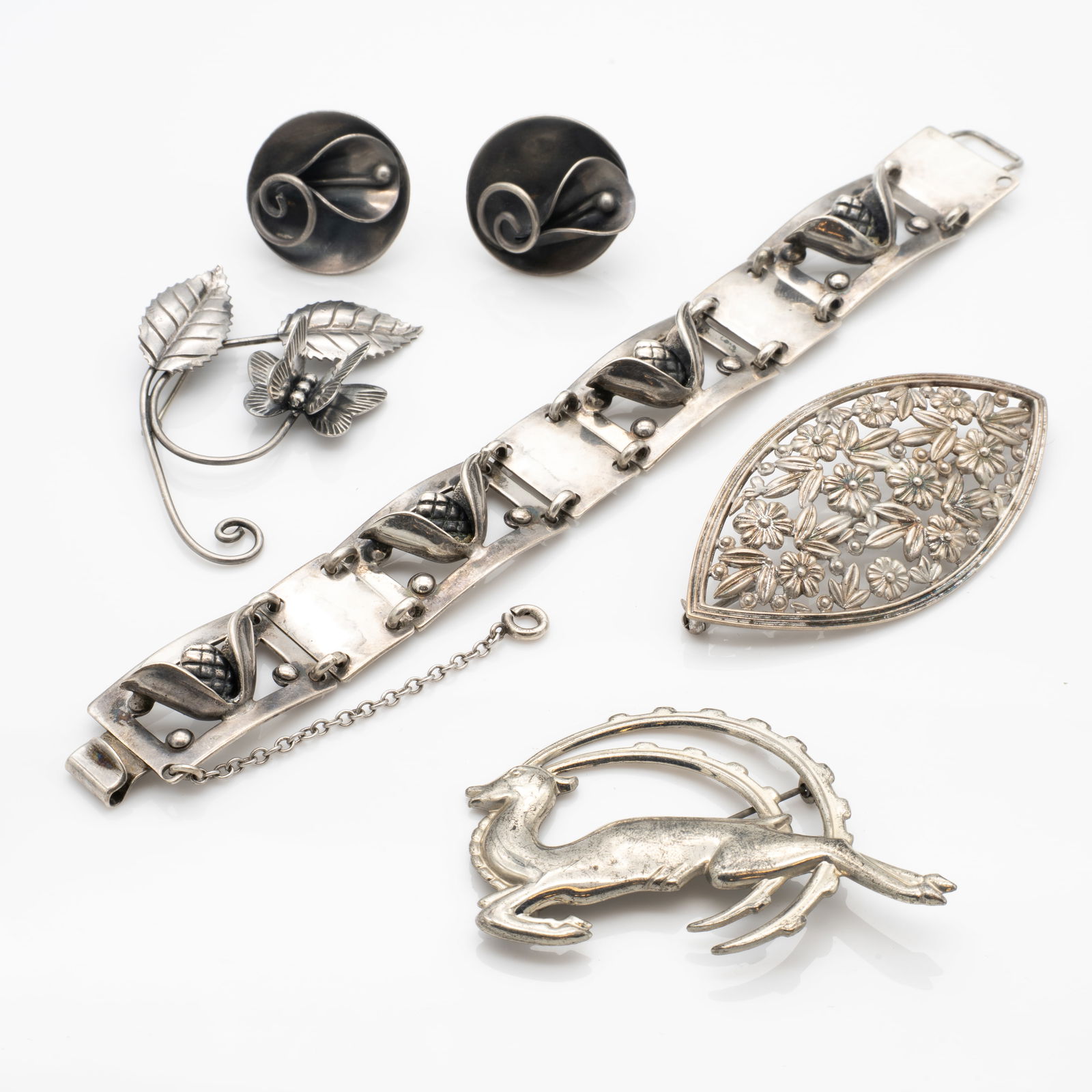 Vintage Mid-Century Art Deco Sterling Silver Retro Jewelry Brooches, Bracelet Earrings (1 of 7)