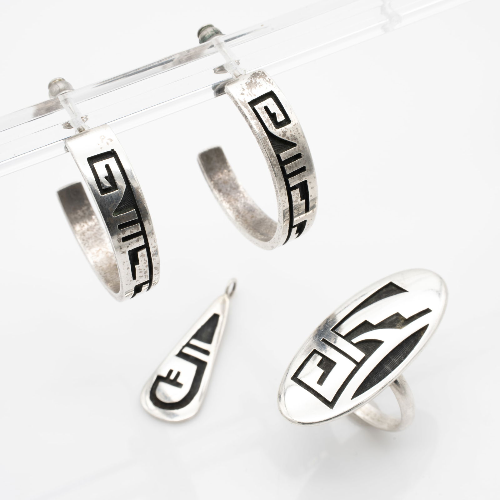 Lot of 4 Hopi Silvercraft Guild Sterling Silver Pieces, Earrings Ring and Pendant Overlay Work, (1 of 9)