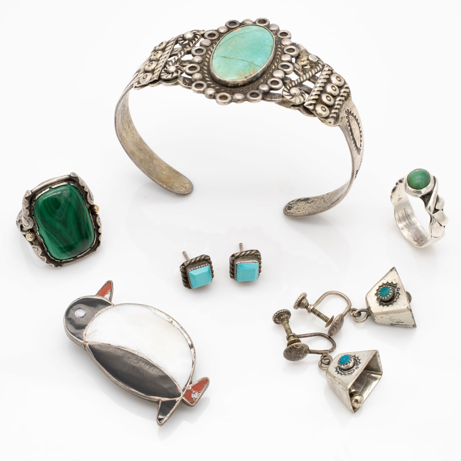 Southwest Jewelry Lot, Sterling Silver, Turquoise, Malachite, incl Native American Jewelry, Rings,: Lot 172 Southwest Jewelry Lot, Sterling Silver, Turquoise, Malachite, incl Native American Jewelry, Rings, Cuff, and Penguin Description: Cuff Stamped: SILVER PRO[illegible] / [arrow hallmark] / COIN