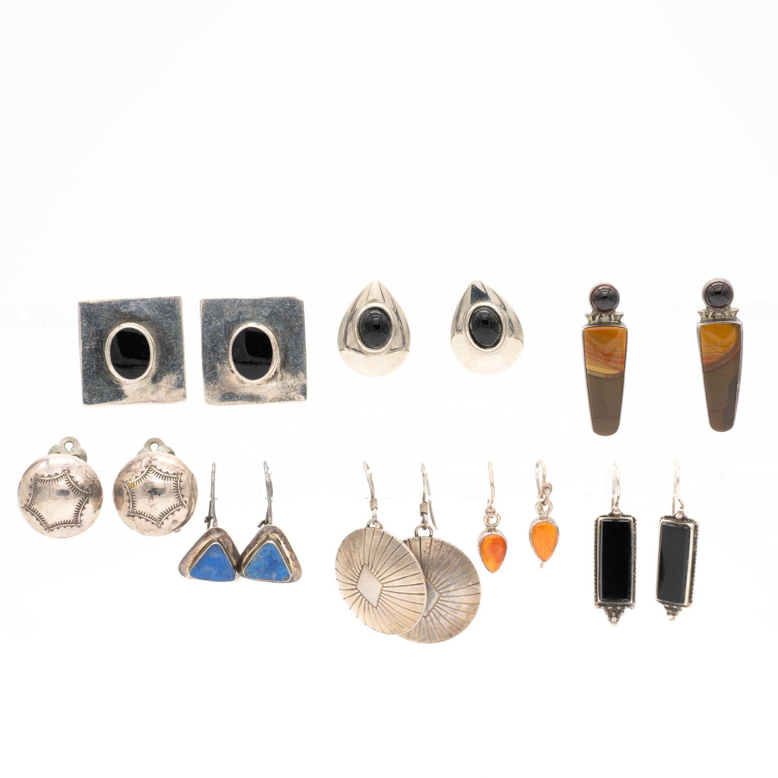 Group of Vintage and Contemporary Silver Southwest Earrings, Spiny Oyster, Onyx, Picture Jasper: Lot 176 Group of Vintage and Contemporary Silver Southwest Earrings, Spiny Oyster, Onyx, Picture Jasper Description: Jasper Earrings Stamped: STERLING / Gourneau Large Square Onyx Pair Stamped: 925 Bl