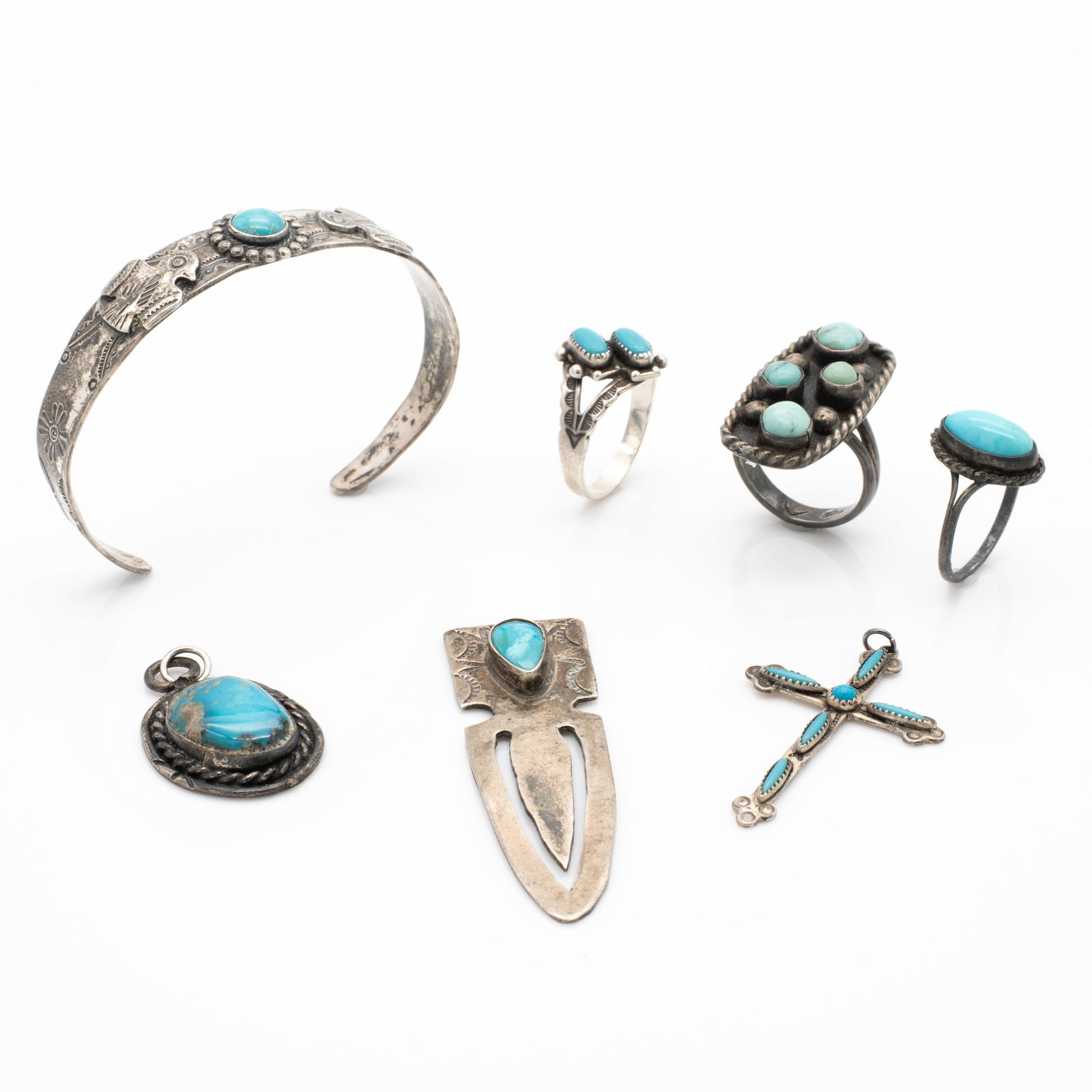 Lot of Vintage Native American Sterling Silver and Turquoise Jewelry, Rings Cross, Cuff, Pendant and (1 of 9)