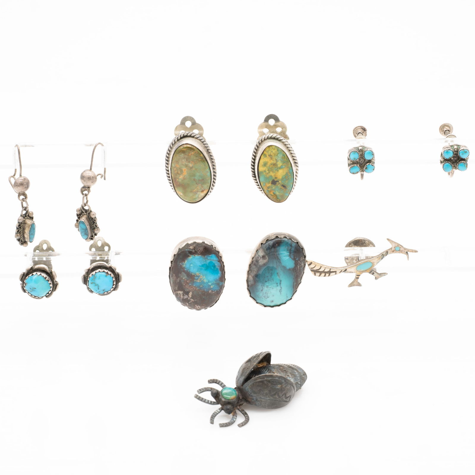 Group of Native American Turquoise, Earrings, Road Runner TieTtack, and Insect Brooch (1 of 10)