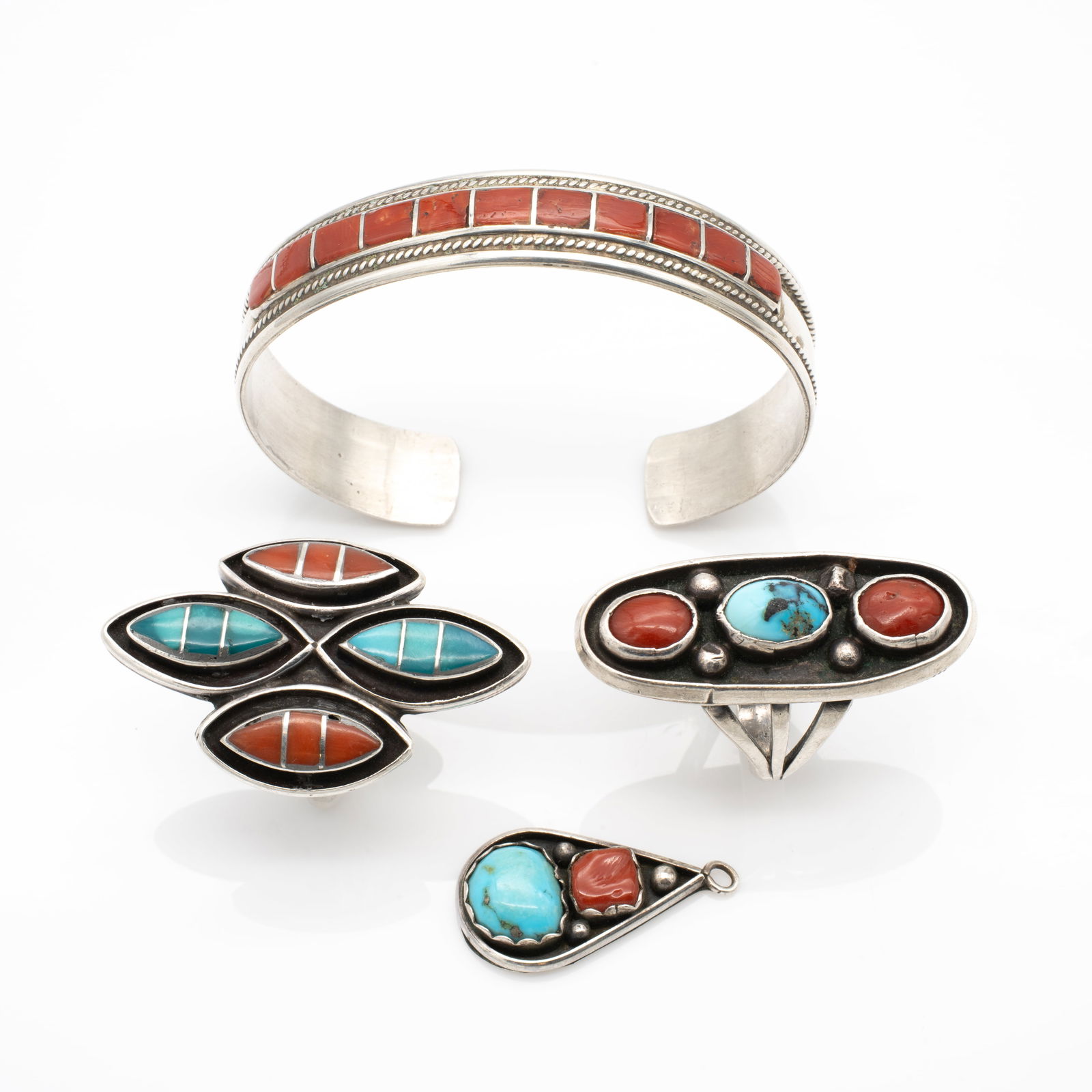 Lot of Native American Turquoise and Coral Jewelry, Incl Maria Platero Inlaid Cuff and Signed Ring: Lot 182 Lot of Native American Turquoise and Coral Jewelry, Incl Maria Platero Inlaid Cuff and Signed Ring Description: Inlaid Ring Etched, See photos Coral Cuff Stamped: MP (Maria Platero) Dimensions