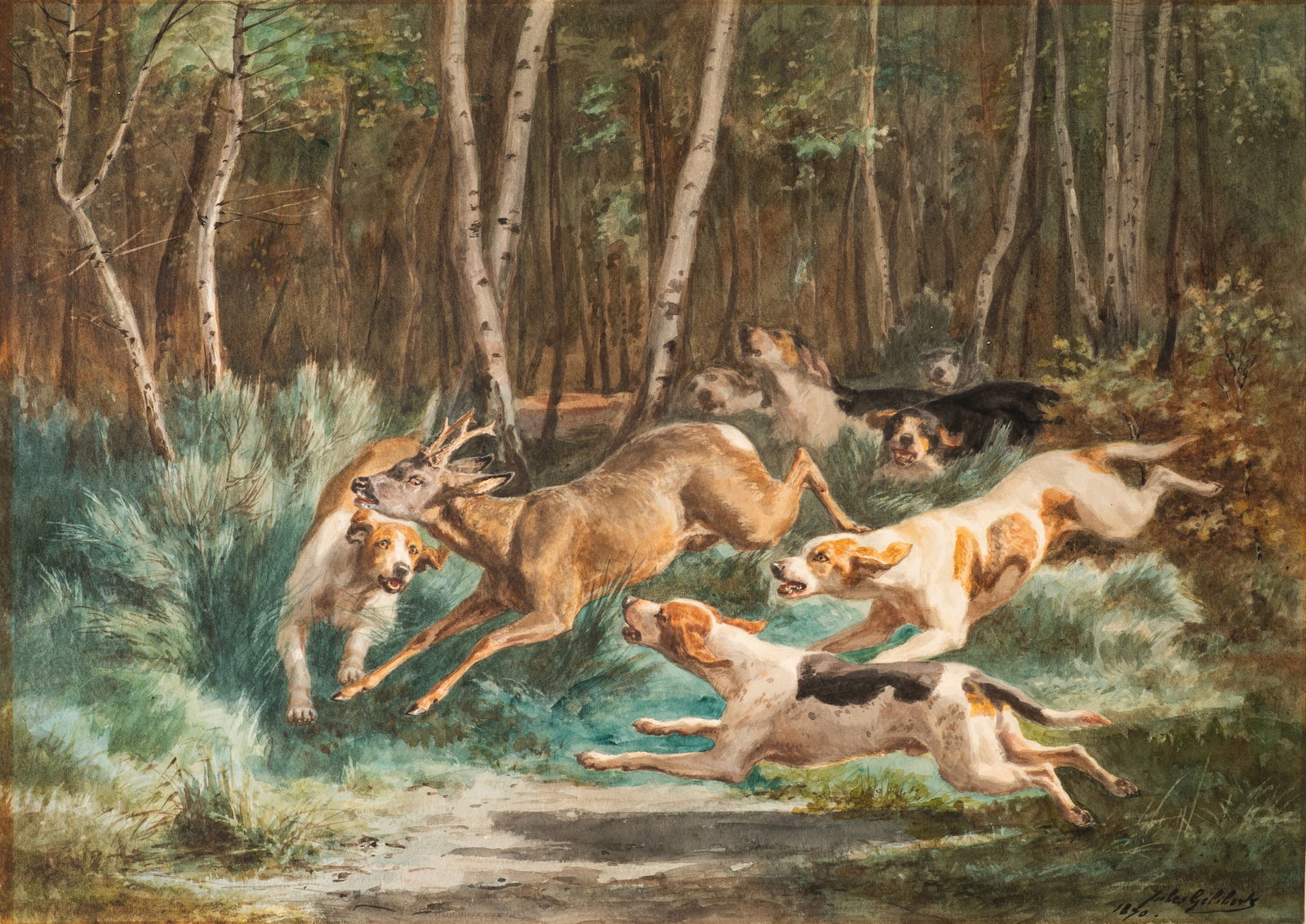 Jules Bertrand Gélibert (French, 1834-1916), Signed Framed Watercolor, 1870, Untitled Hunting Dogs (1 of 17)
