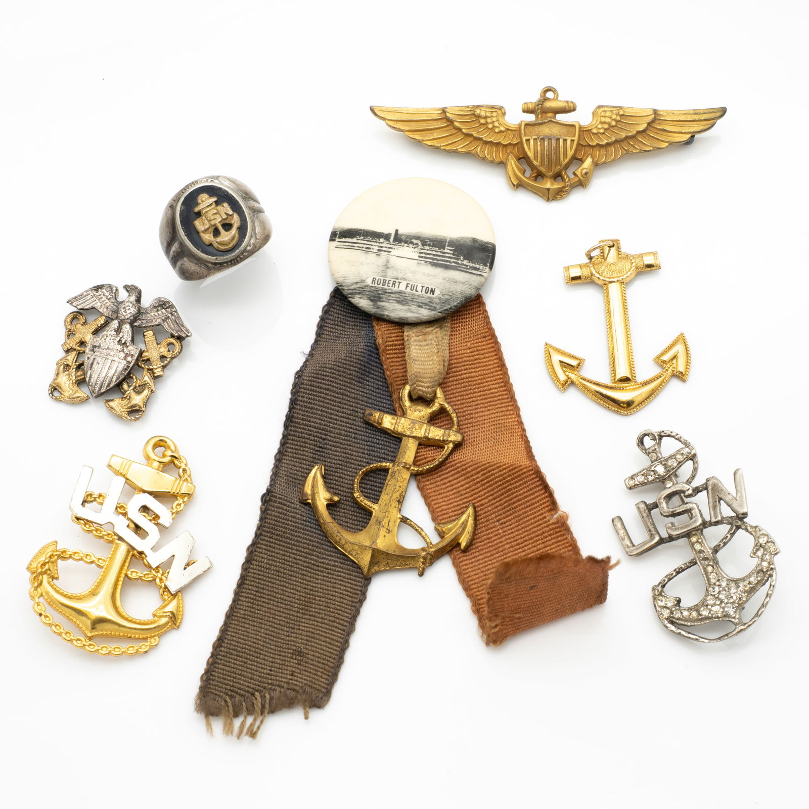 Lot of 7 United States Navy Pins, Ring, Pendants, and Medals Incl Gold GF and Sterling Silver (1 of 7)