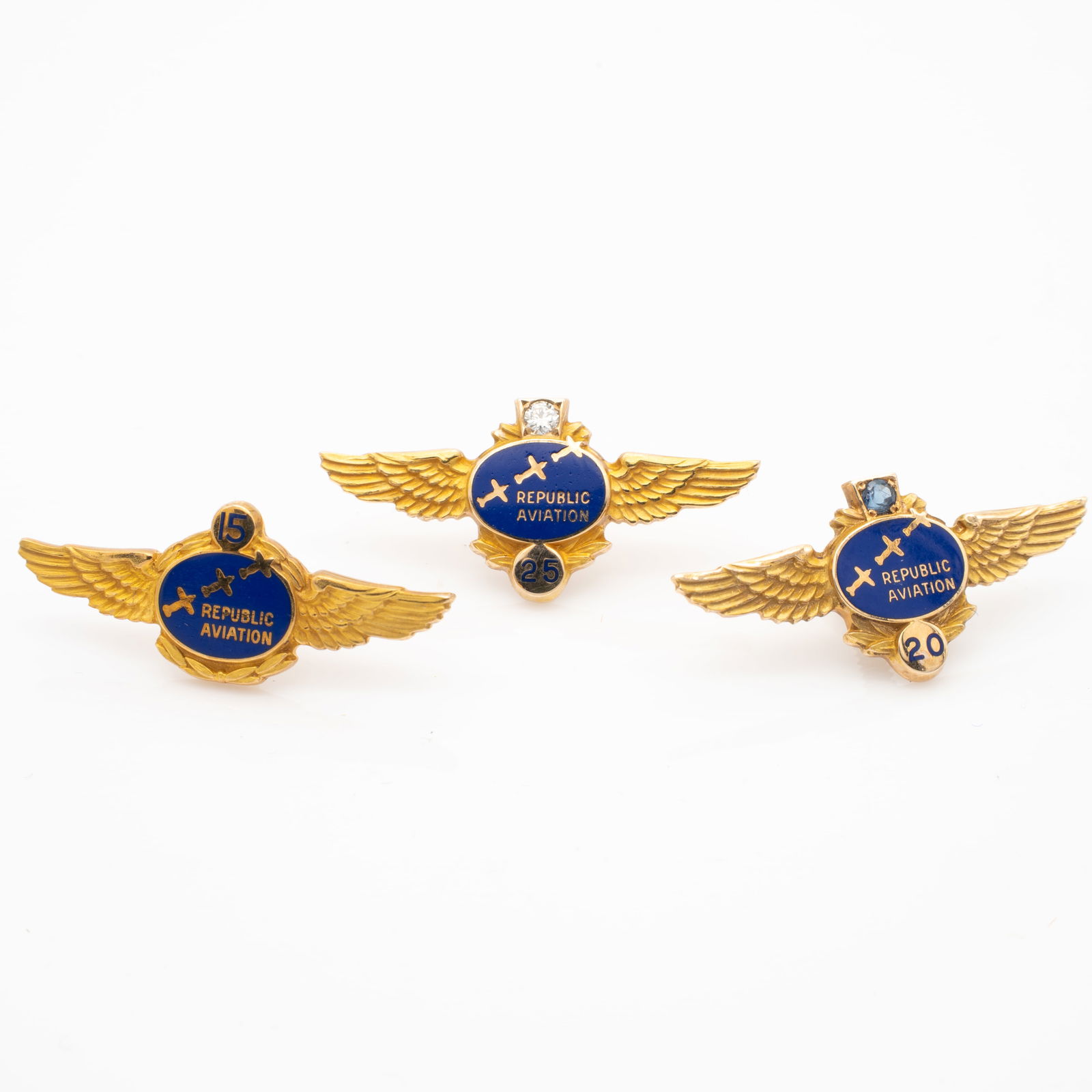 Lot of 3 Republic Aviation 10k Gold, Diamond, Sapphire, Enamel, Lapel Pins, 6g: Lot 208 Lot of 3 Republic Aviation 10k Gold, Diamond, Sapphire, Enamel, Lapel Pins, 6g Description: Includes original 15 years pin box. Each Stamped Verso: LGB / 10k Material: 10k Gold, Diamond, Sapp
