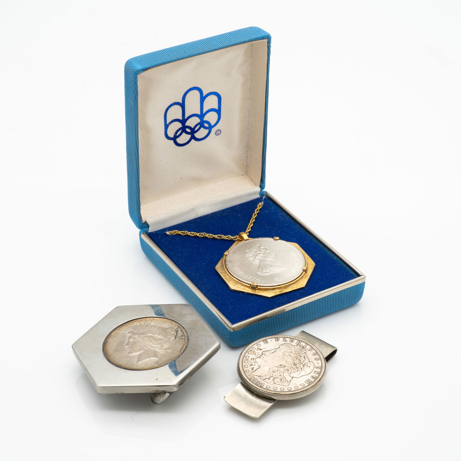 Antique and Vintage Silver Coin Jewelry Lot, Morgan Peace Dollar, 1976 Canadian Coin (1 of 8)