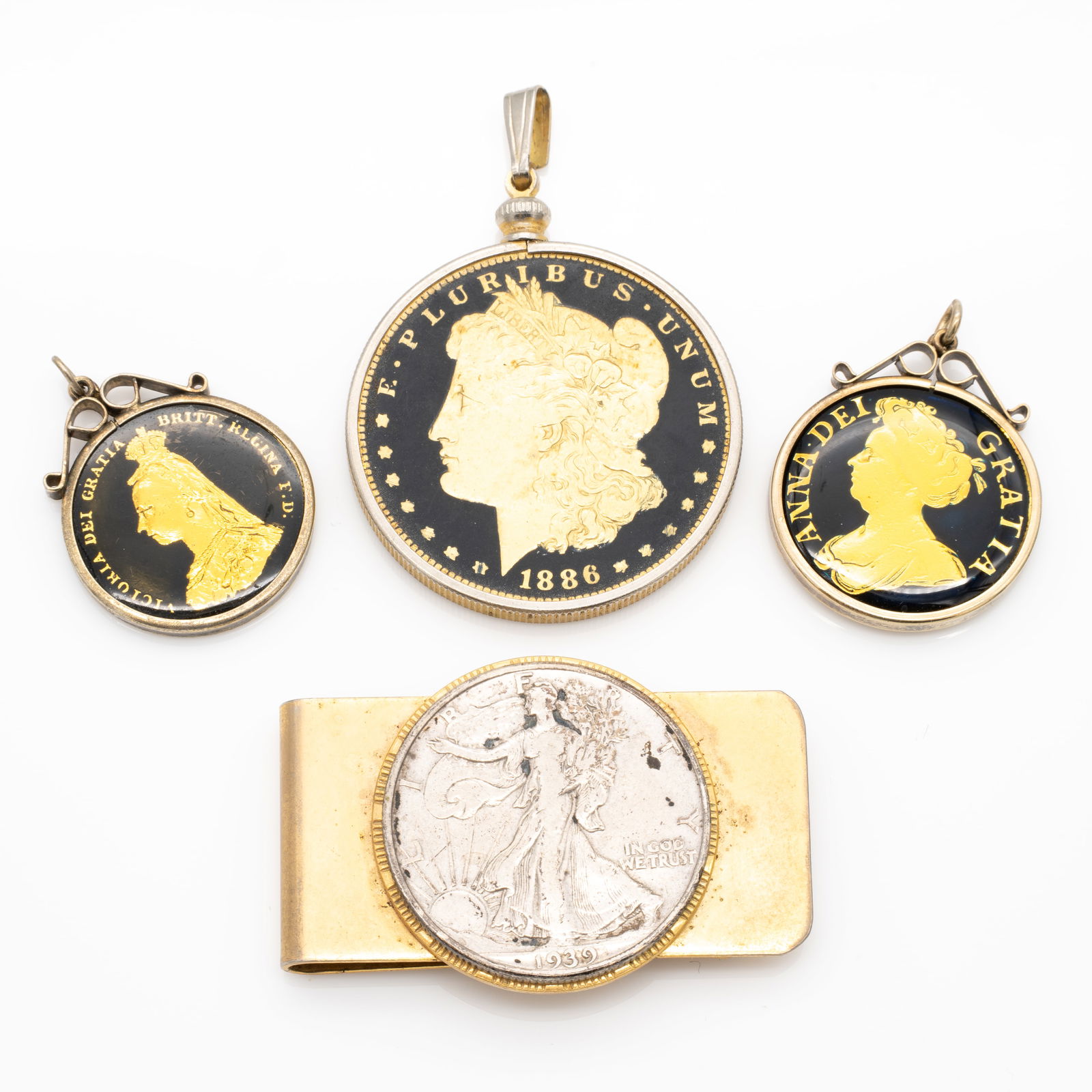 Lot of Coin Jewelry, Enamel Morgan Dollar, Victorian Sixpence Queen Anne, and Walking Liberty Bill (1 of 6)