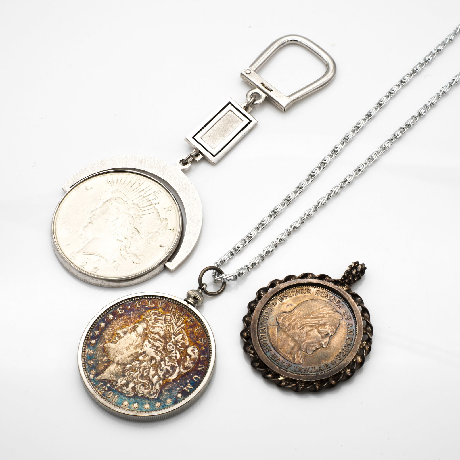 Lot of 3 Coin Jewelry Pieces, US Silver Dollar, Columbian Half, Key Ring and Two Pendants (1 of 10)