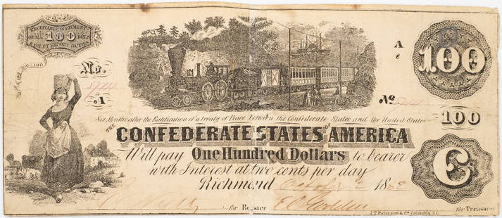 Original Confederate Civil war $100 Bill, Endorsed Verso by Major WI Elliot Confederate States: Lot 220 Original Confederate Civil war $100 Bill, Endorsed Verso by Major WI Elliot Confederate States Morgan Division Kentucky Cavalry Description: ?Major W.I. Elliott served in the Confederate State