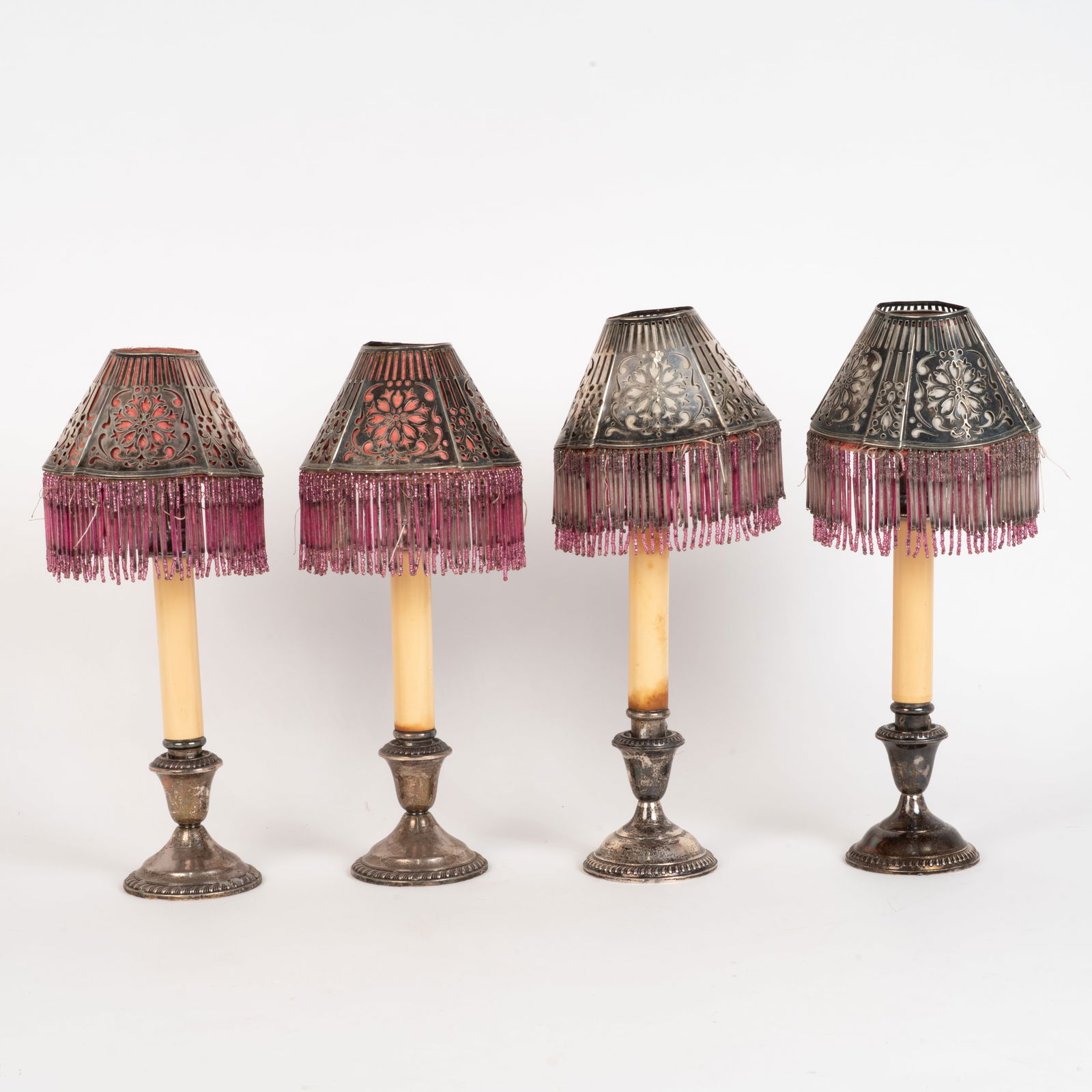 Set of 4 Sterling Silver Candlestick Holders with Beaded Lampshades (1 of 8)