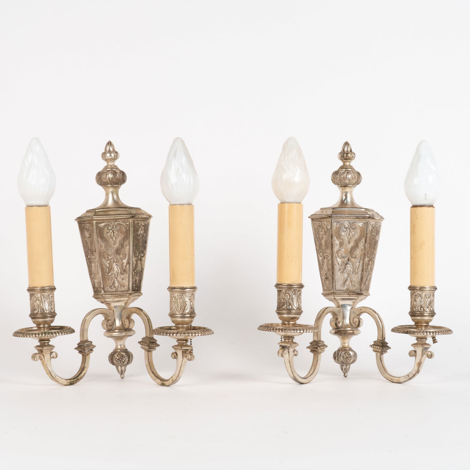 Antique Pair of Silvered Bronze Double Light Sconces (1 of 9)