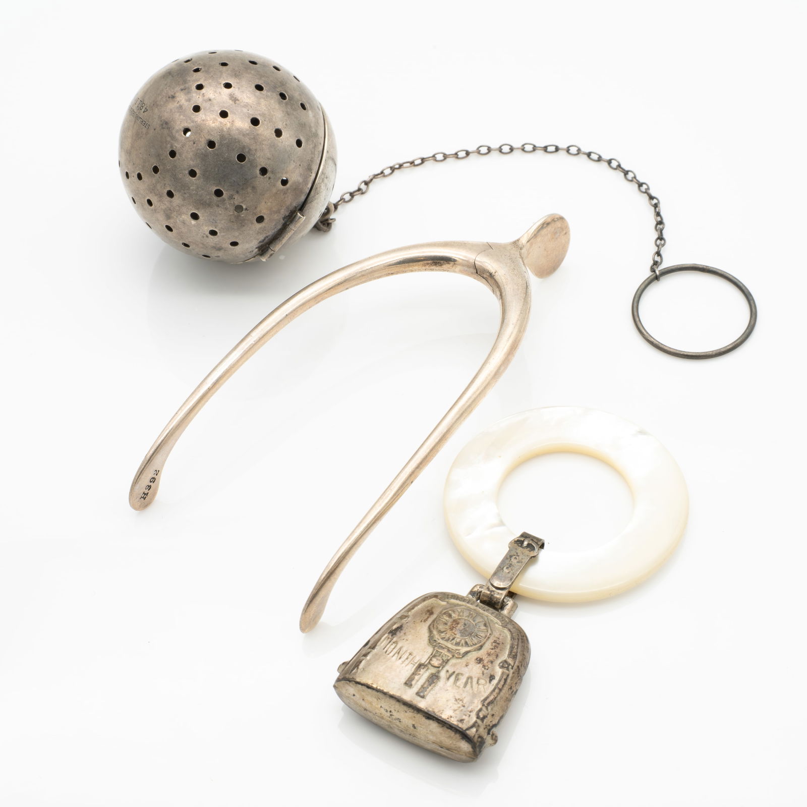 Antique Sterling Silver lot, Tea Infuser Ball, Gorham Wishbone Tongs, and MOP Teething Ring (1 of 7)
