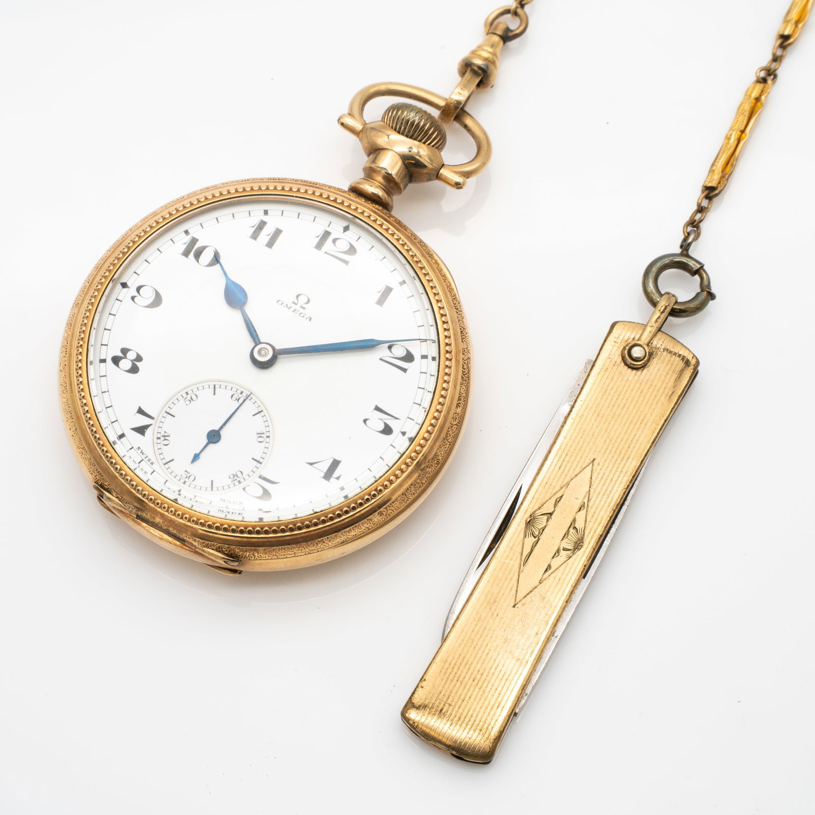 Antique Omega 14k Gold GF Pocket Watch Incl Watch Chain and Pocket Knife Fob (1 of 10)