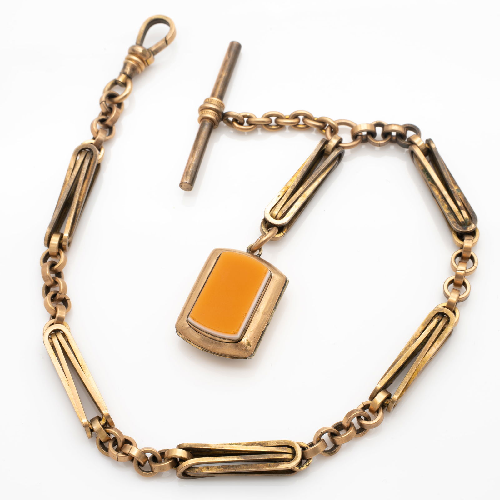19th Century Ornate Gold GF Watch Chain with Hardstone Locket Fob (1 of 6)