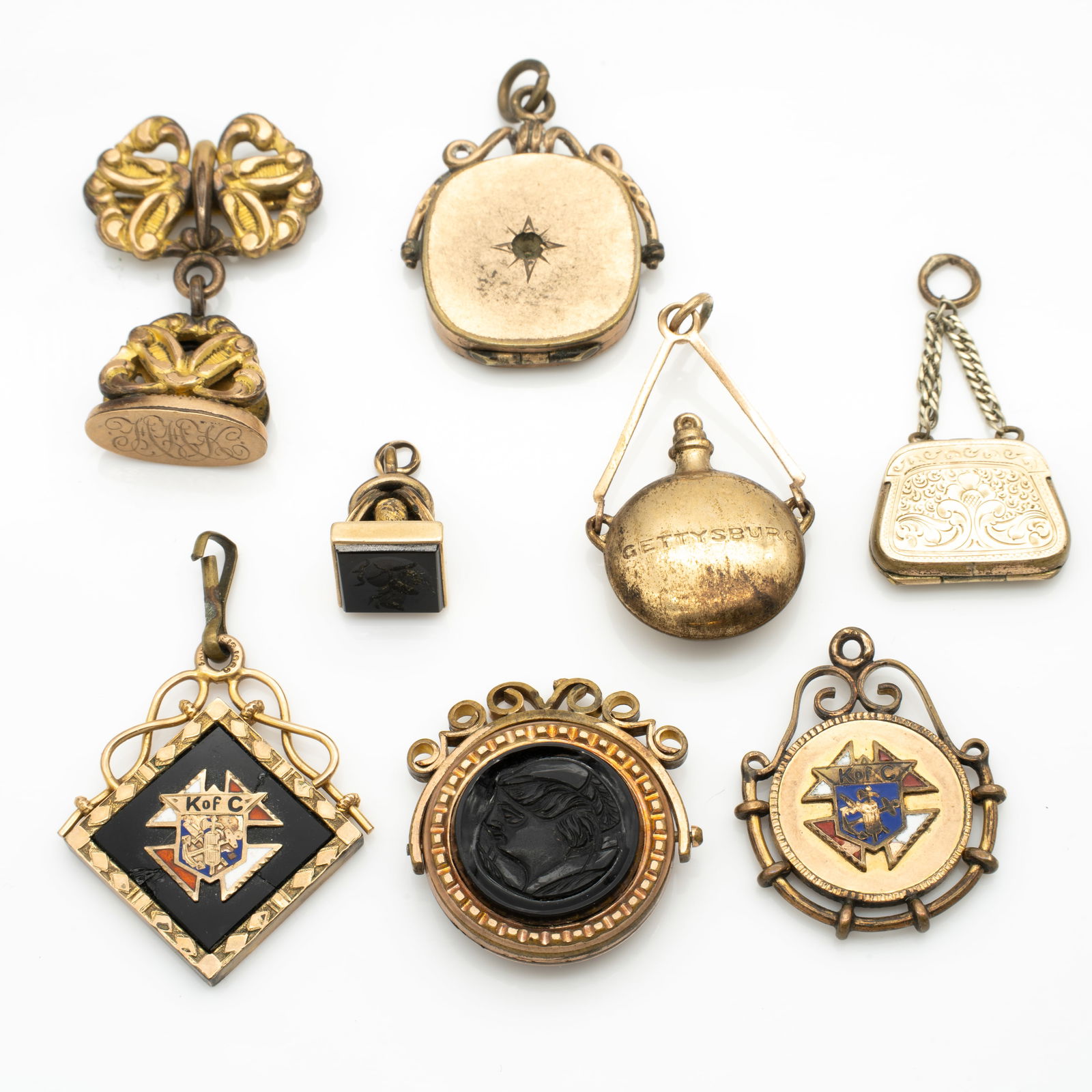 Group of 8 Victorian Ornate Gold Gf Watch Enamel Watch Fobs Hardstone Incl Gettysburg Canteen (1 of 4)