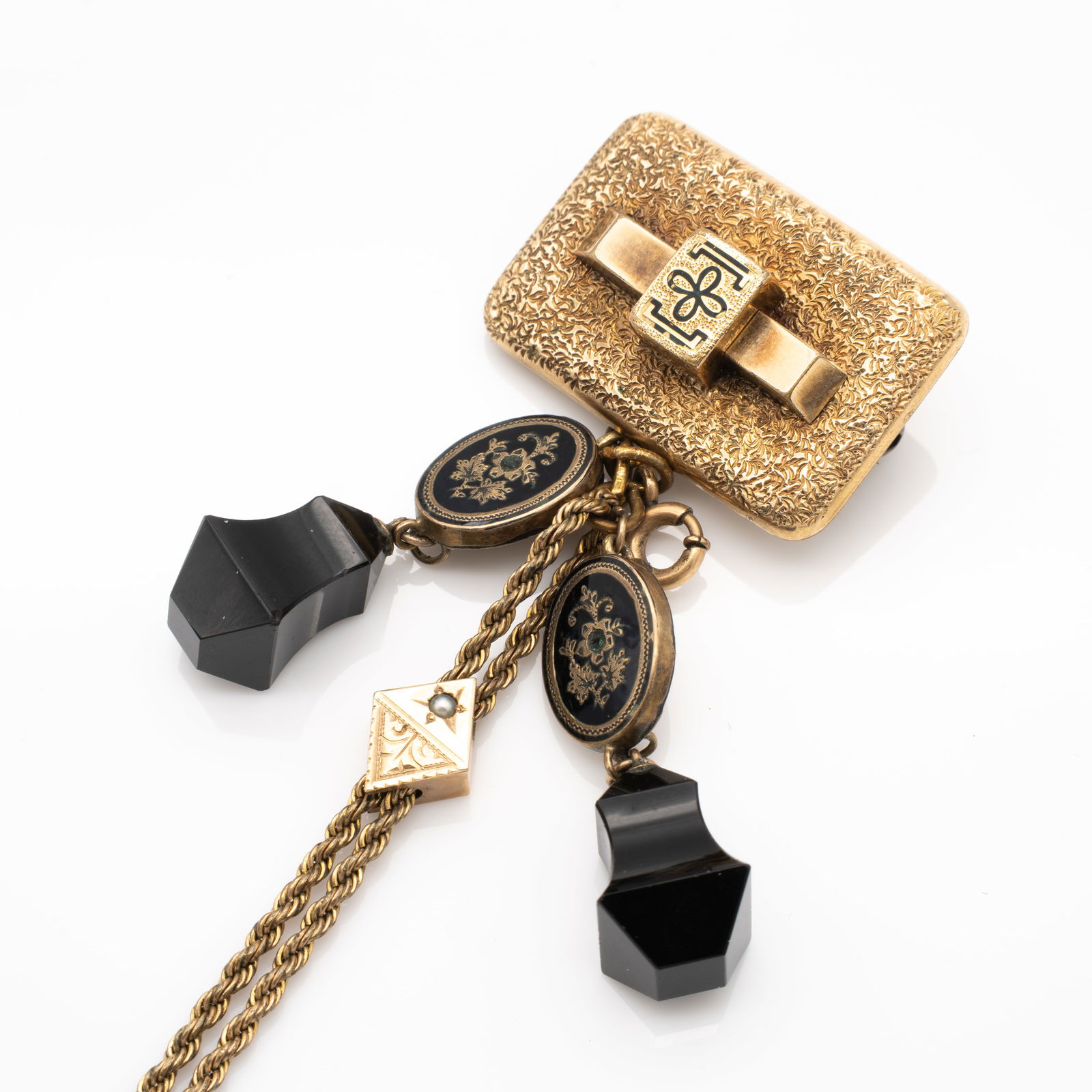 Victorian Gold GF Ladies Watch Chain With Onyx Dangles and Brooch (1 of 6)