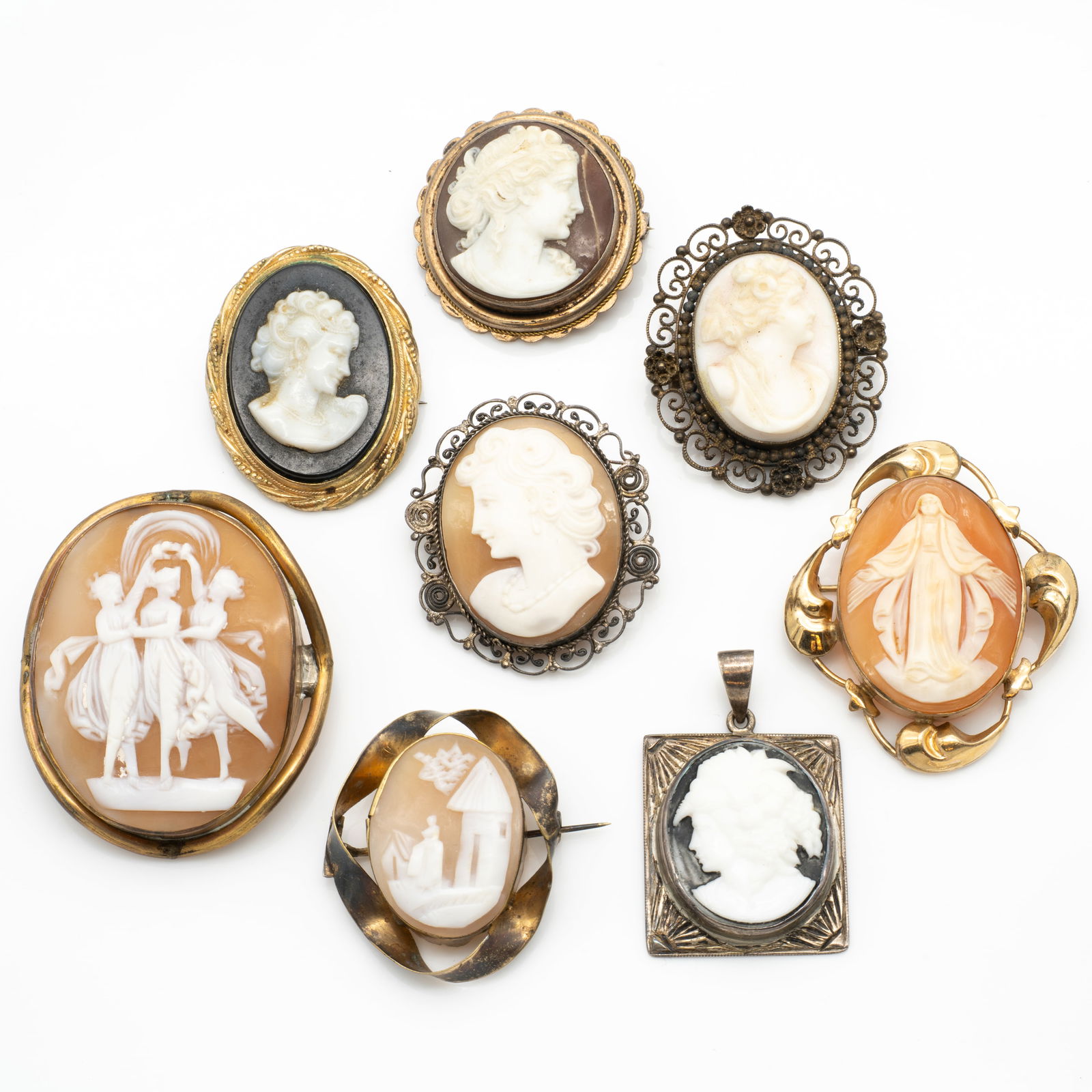 Lot of 8 Gold GF Cameo Brooches Pendants Carved Shell Incl Filigree, Sterling Silver and Hardstone (1 of 6)