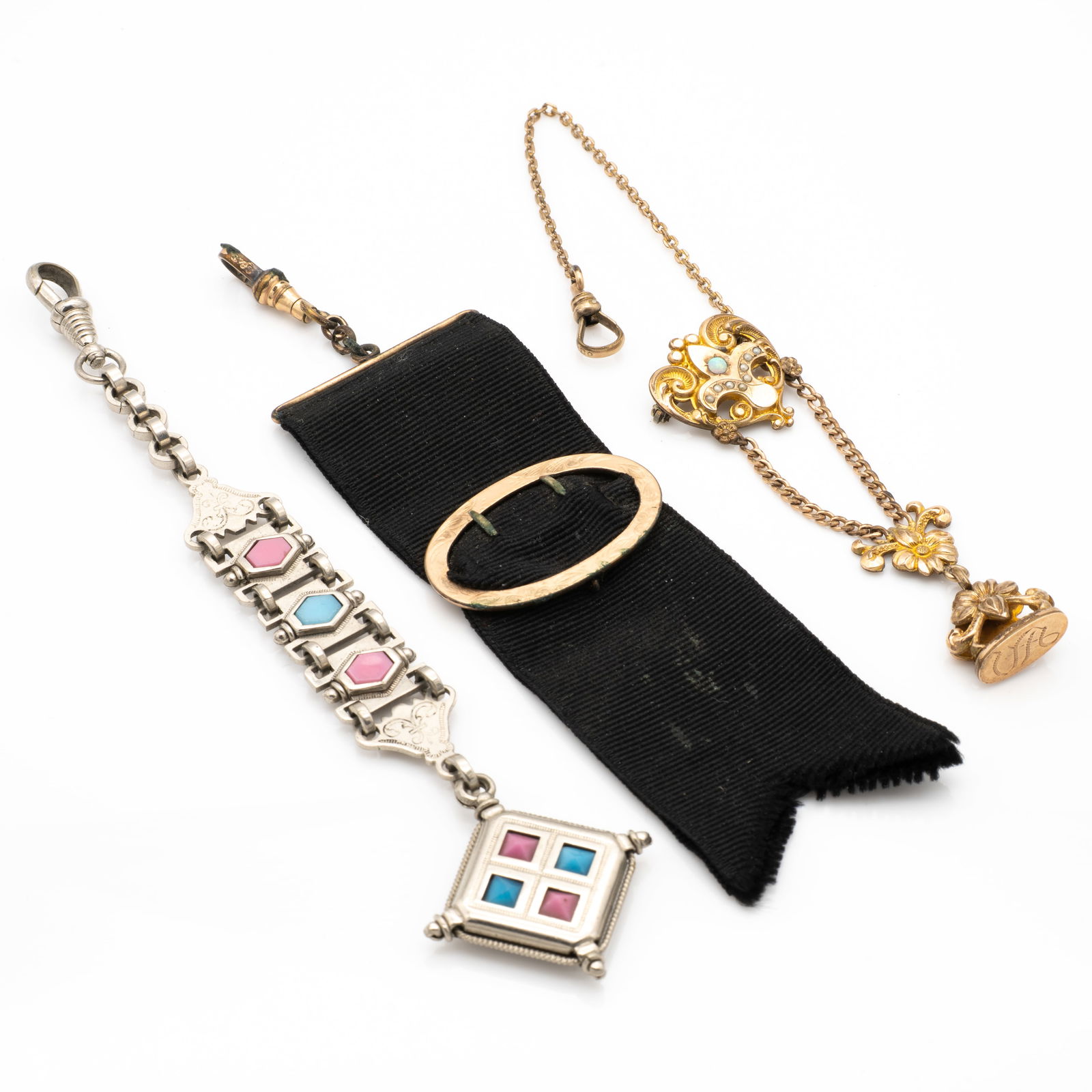 Lot of 3, Antique Watch Fob Chains and Ribbon (1 of 11)