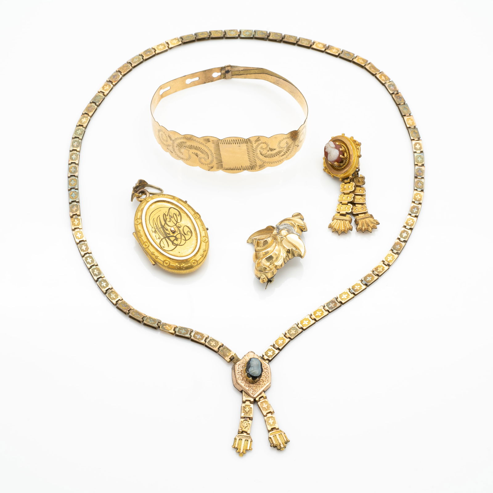 Antique Gold GF Jewelry, Necklace, Pendant, Brooch, and Bracelet, Hardstone Cameos (1 of 11)