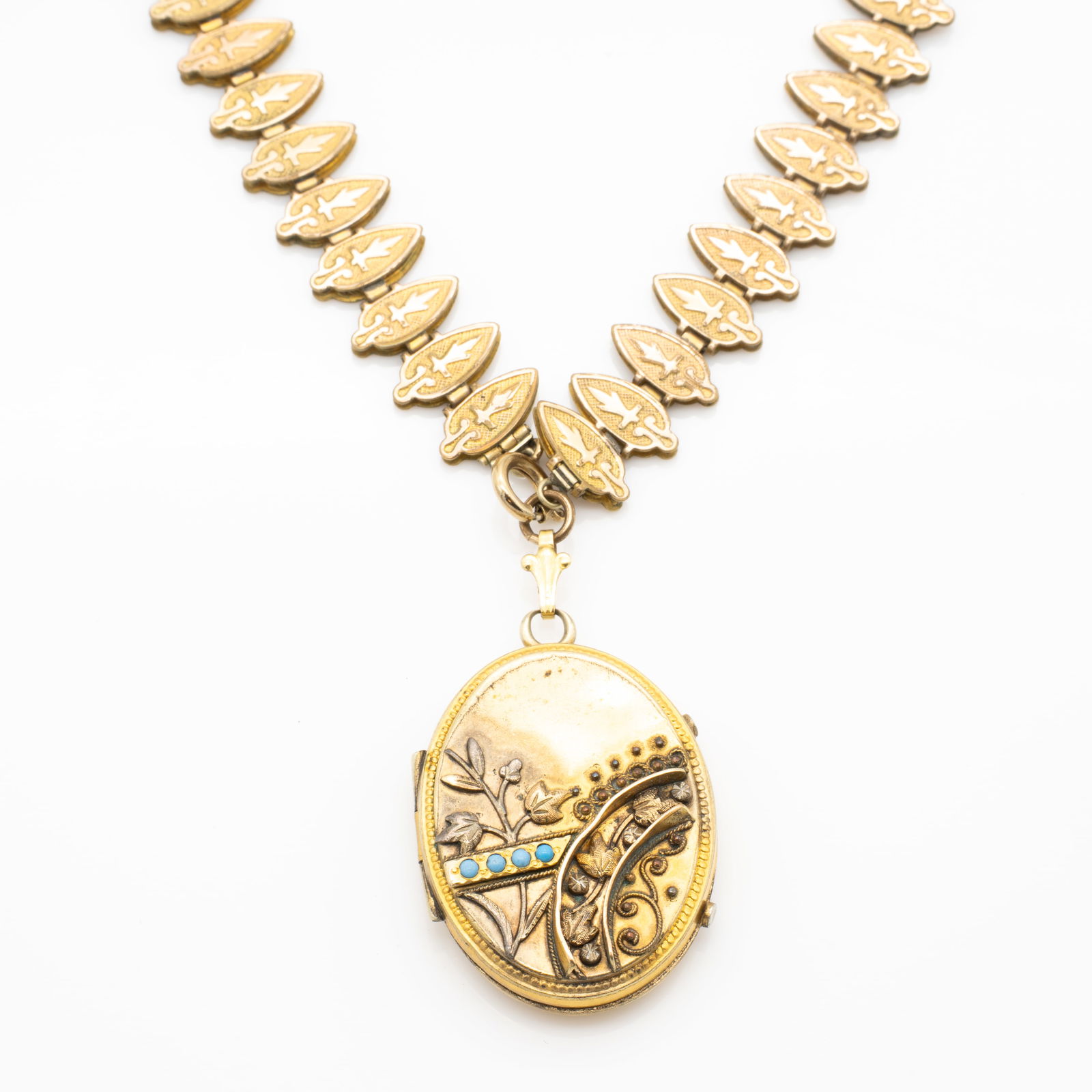 Antique Victorian Turquoise Gold GF Pendant Locket Necklace Renaissance Revival (1 of 4)