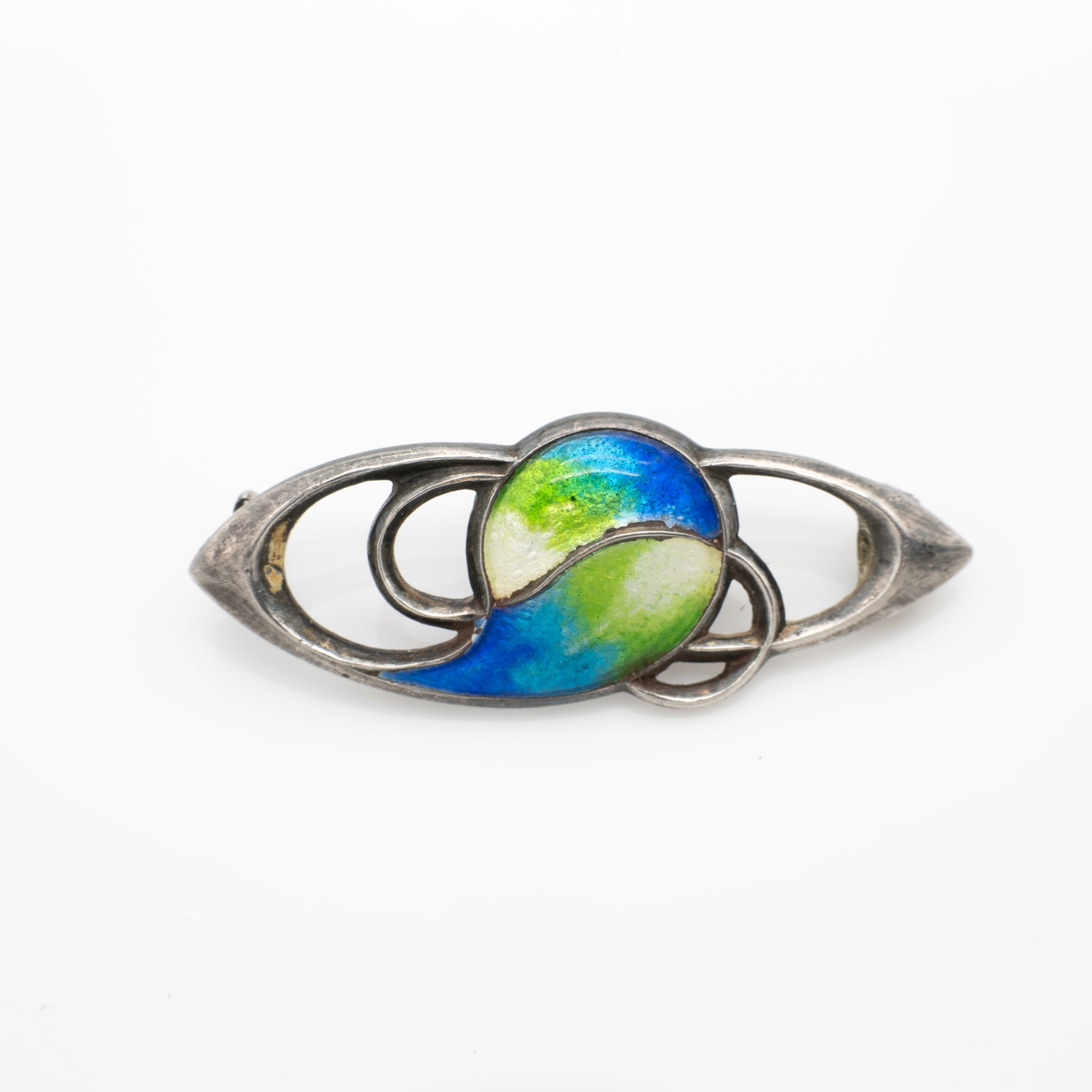 Art Nouveau Enamelled Silver Brooch by The Goldsmiths Emporium (Victor Luxemburg), Birmingham 1910: Lot 290 Art Nouveau Enamelled Silver Brooch by The Goldsmiths Emporium (Victor Luxemburg), Birmingham 1910 Pin For Restoration Description: A design more commonly associated with Charles Horner, featu