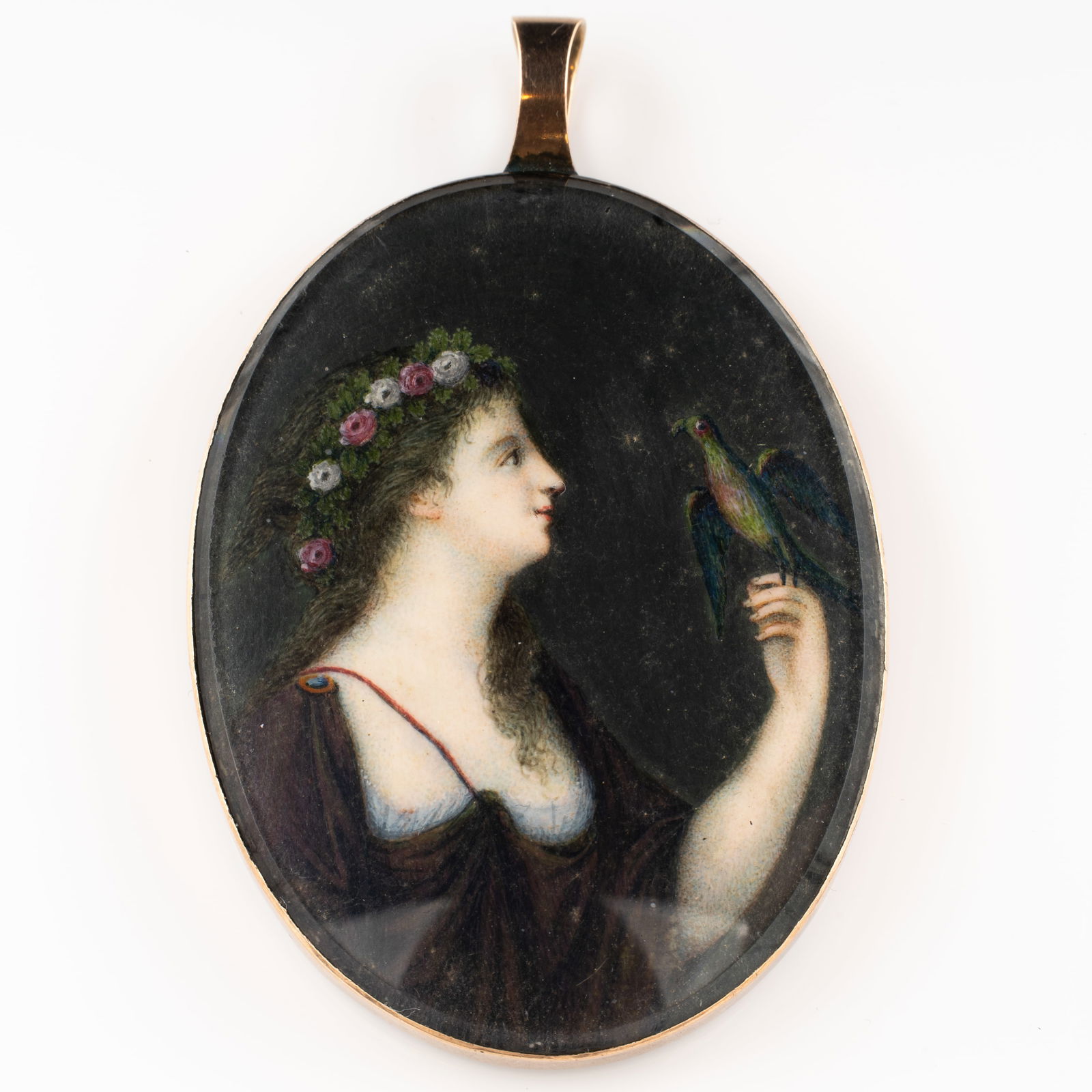 Antique 19th Century Painted Memorial Minature Portrait Hair Locket, Women with Bird (1 of 6)