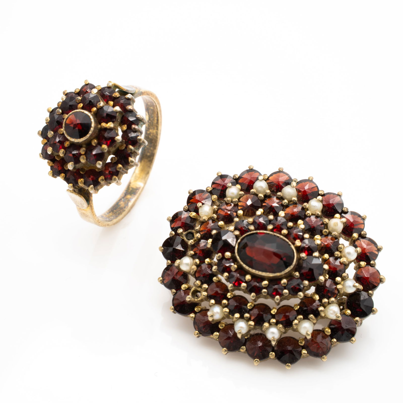 Vintage Bohemian Garnet Silver Gilt Seed Pearl Brooch and Ring (1 of 6)