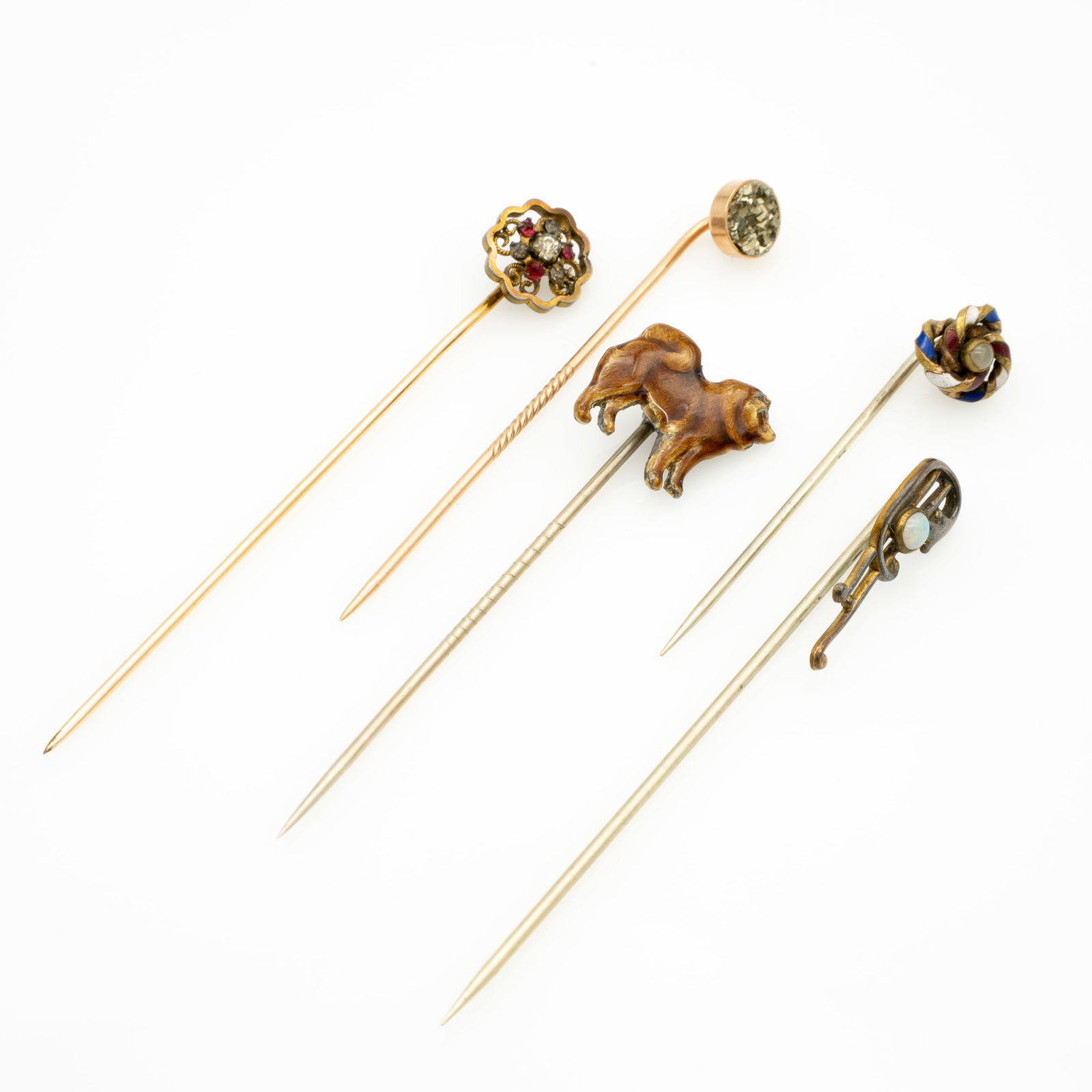 Group of 19th Century Stick Pins, 10k Gold, Pyrite, Opal, GF and Kenart, Shiba Inu (1 of 11)
