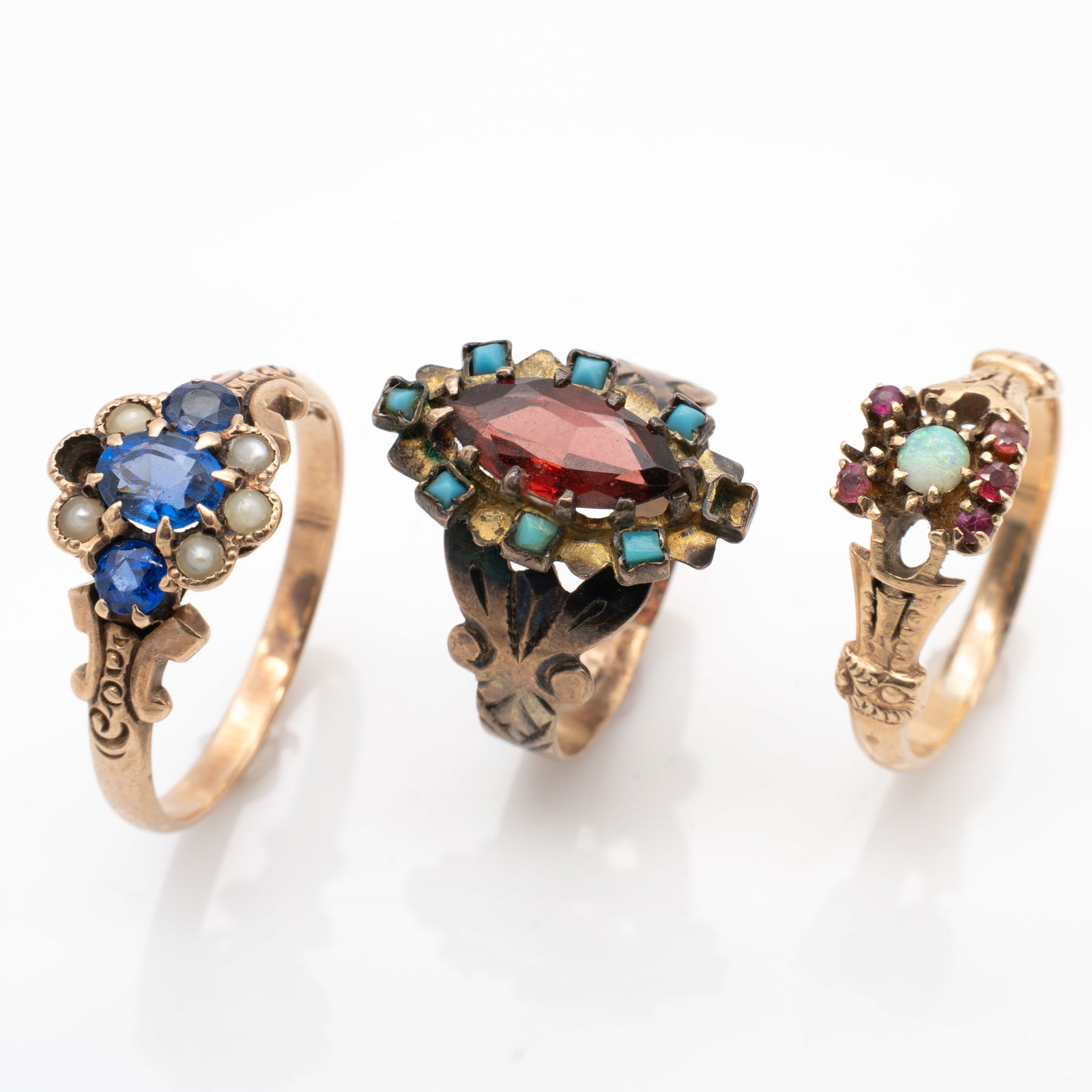 Lot of 3 Antique Victorian Gold Rings, Opals, Rubies, Sapphire Doublets and Seed Pearls, For (1 of 3)