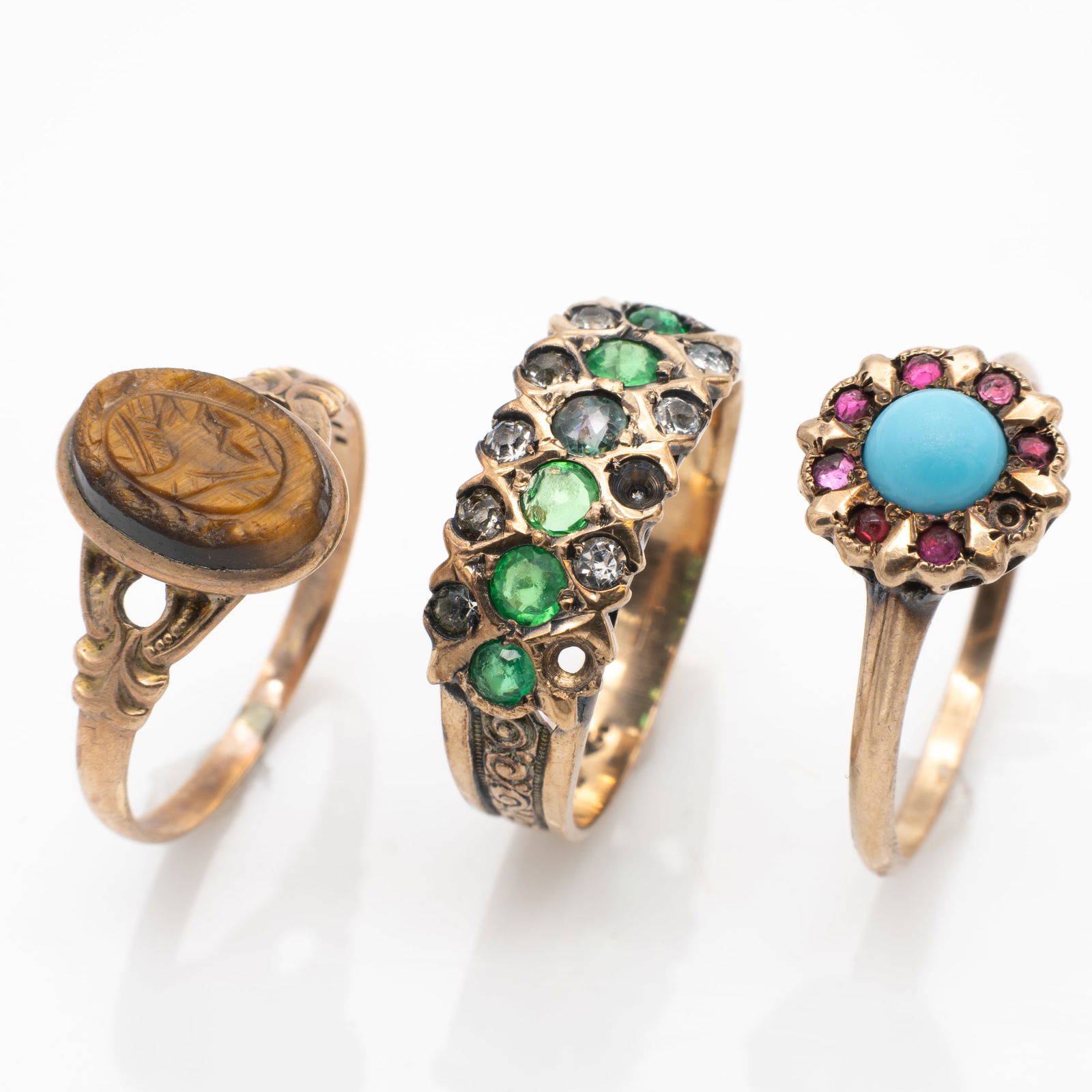 Lot of 3 Antique Victorian Gold Rings, White and Green Stones, Carved Tigers Eye, Landscape Cameo, (1 of 4)