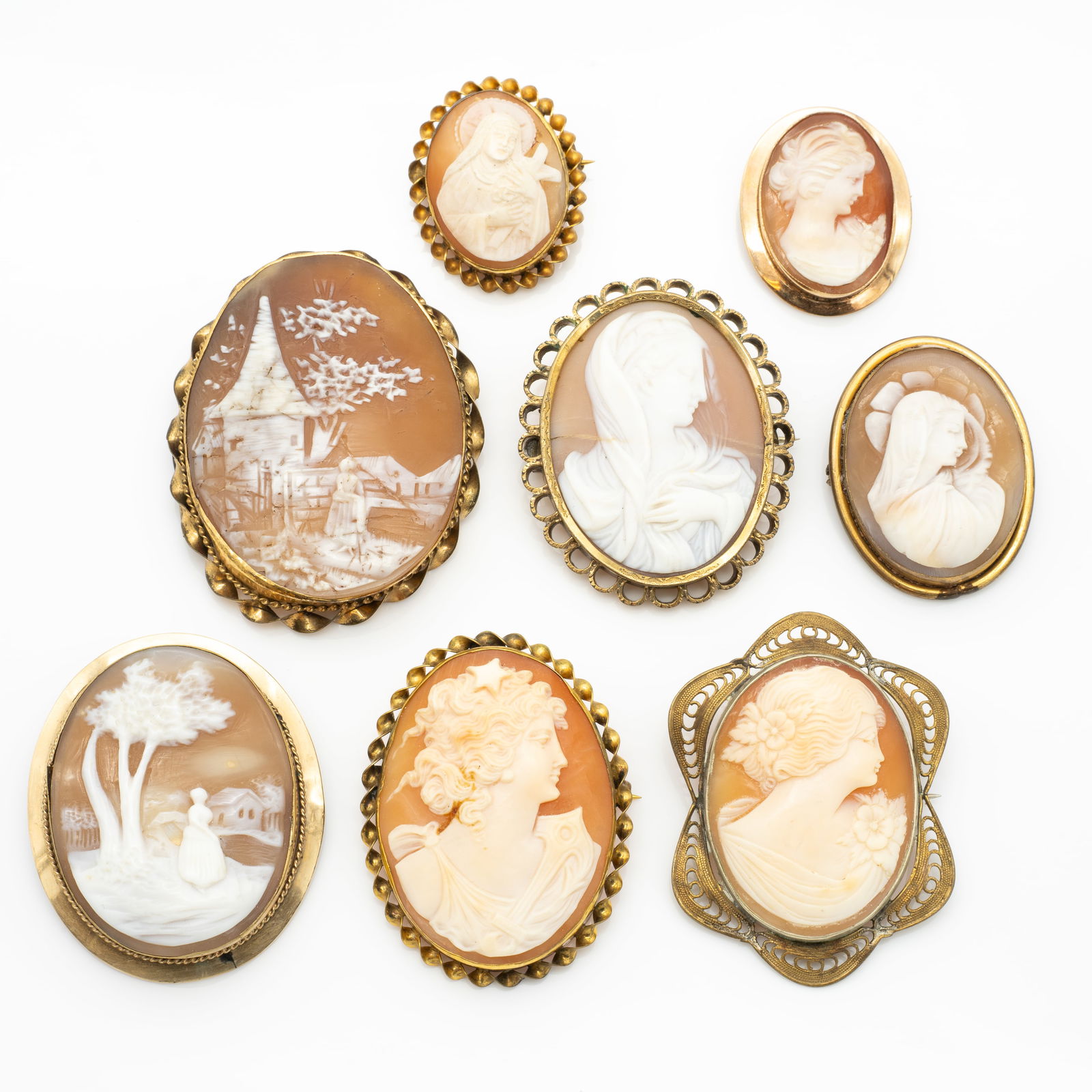 8 Vintage and Antique Carved Shell Gold GF Cameo Brooches (1 of 7)