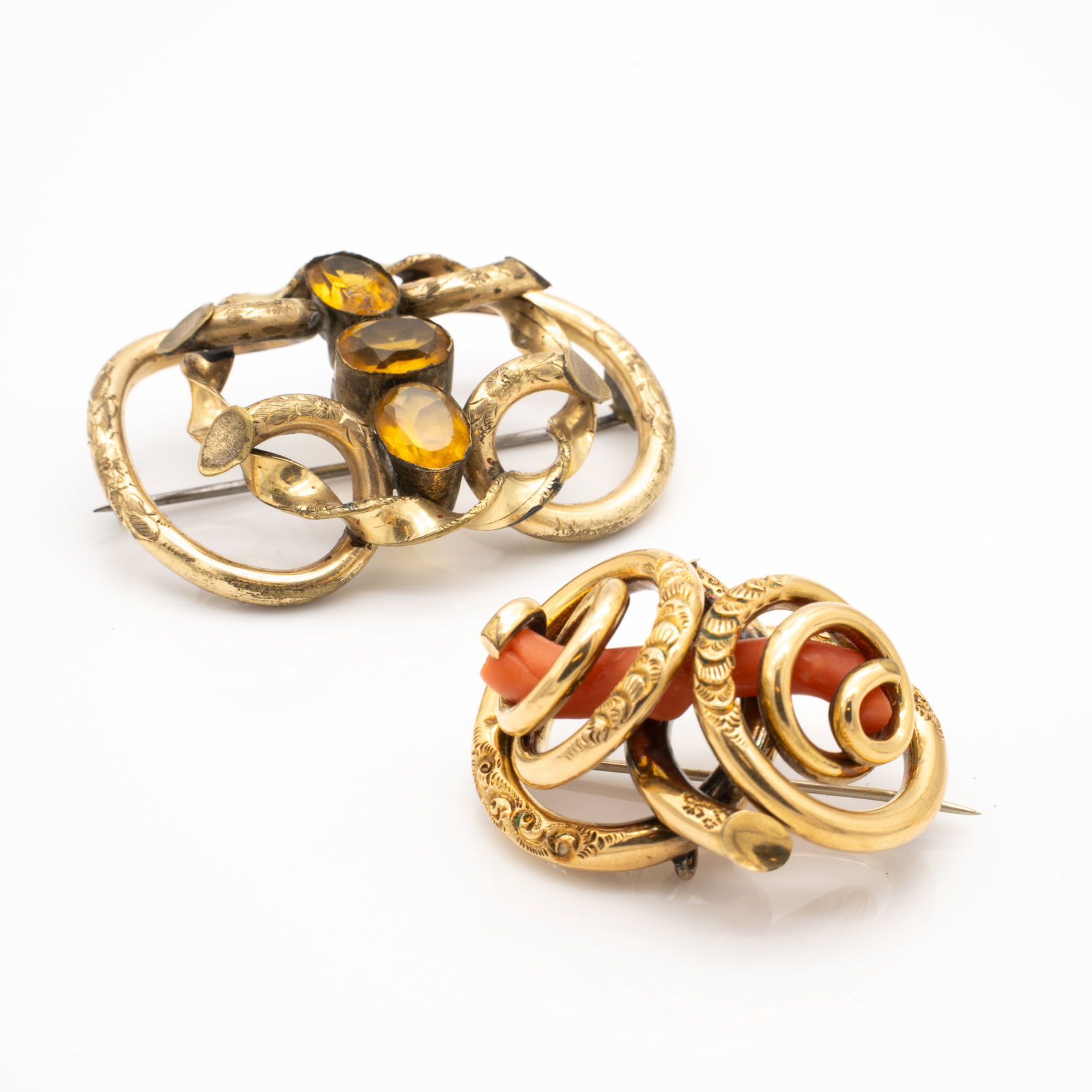 Two Large Ornate Antique Gold GF Coral Yellow Stone Brooches (1 of 8)