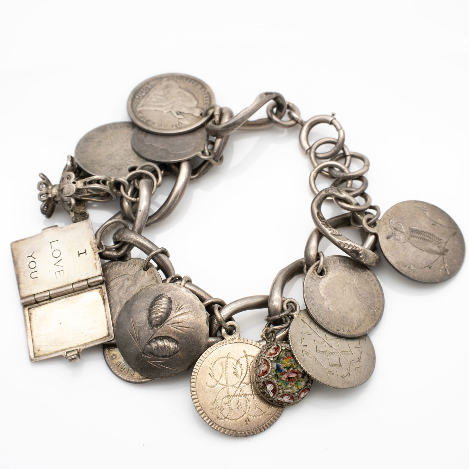 Antique Love Token Charm Bracelet, 5 love tokens incl Owl, Coins, and Charms Silver (1 of 18)