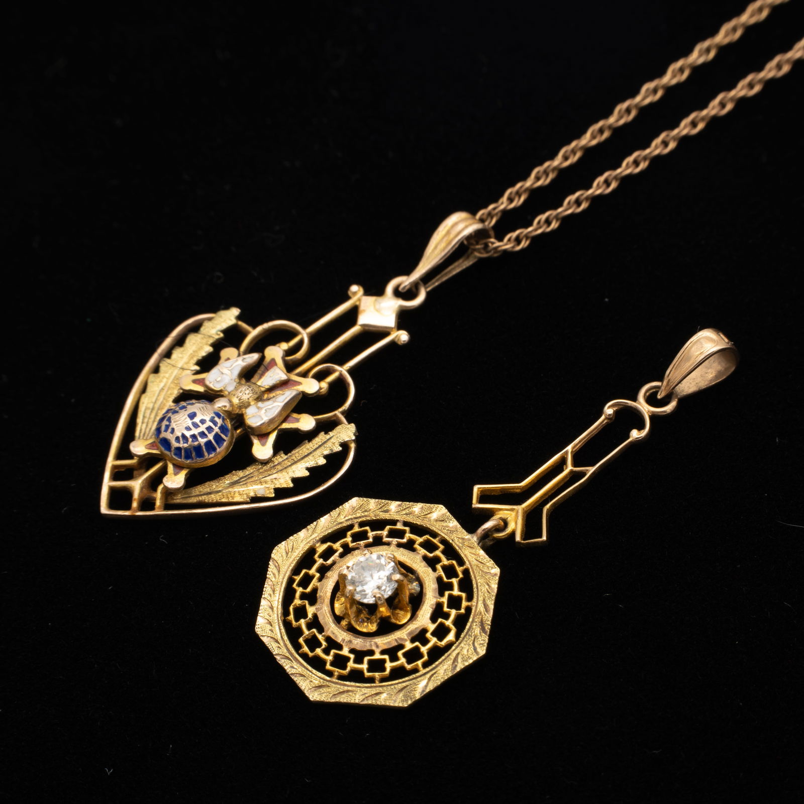 2 10k Gold, Diamond, Enamel Antique Lavalier Pendants Necklace (1 of 6)