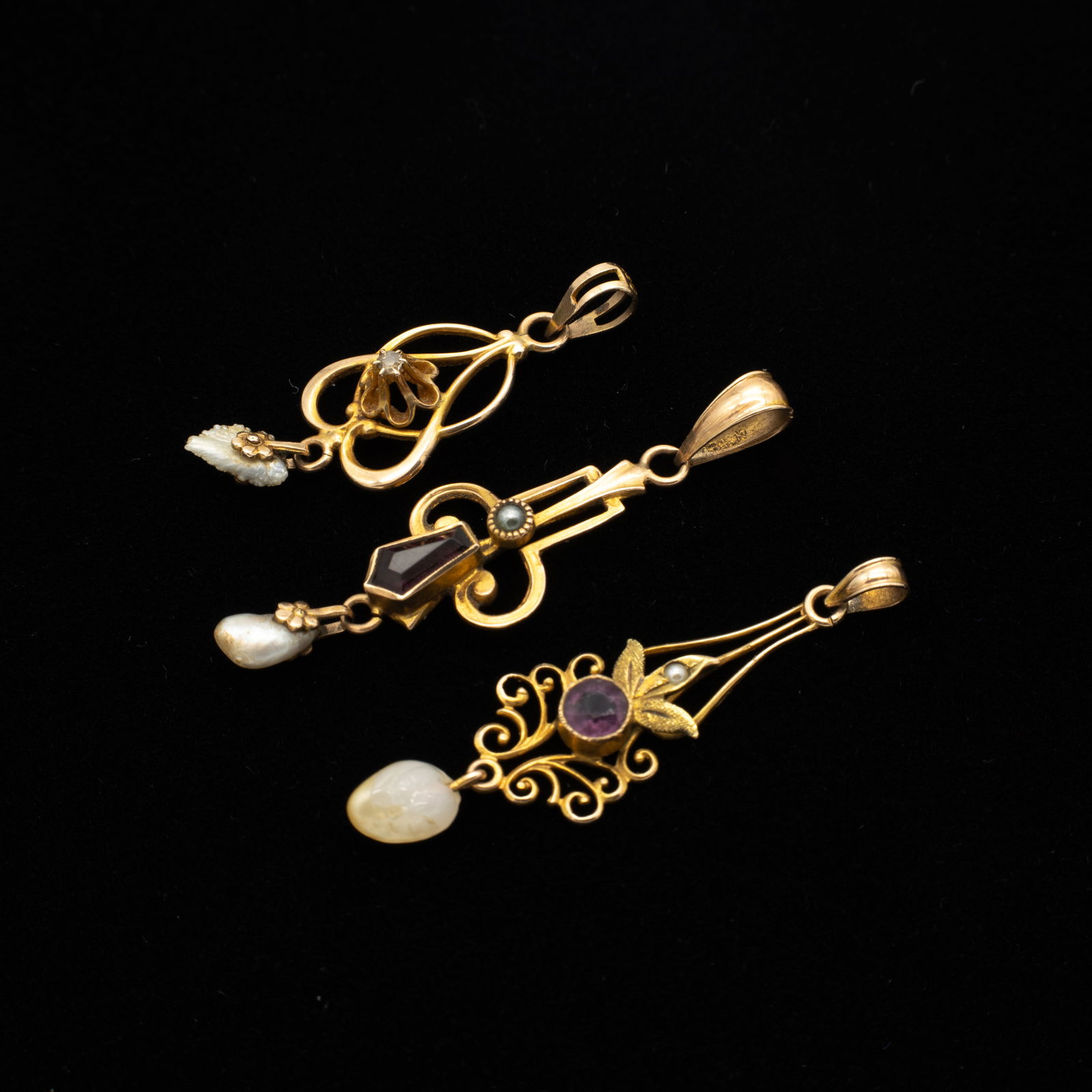 3 10k Gold Antique Lavalier Pendants Incl Diamond, Amethyst and Pearl (1 of 6)