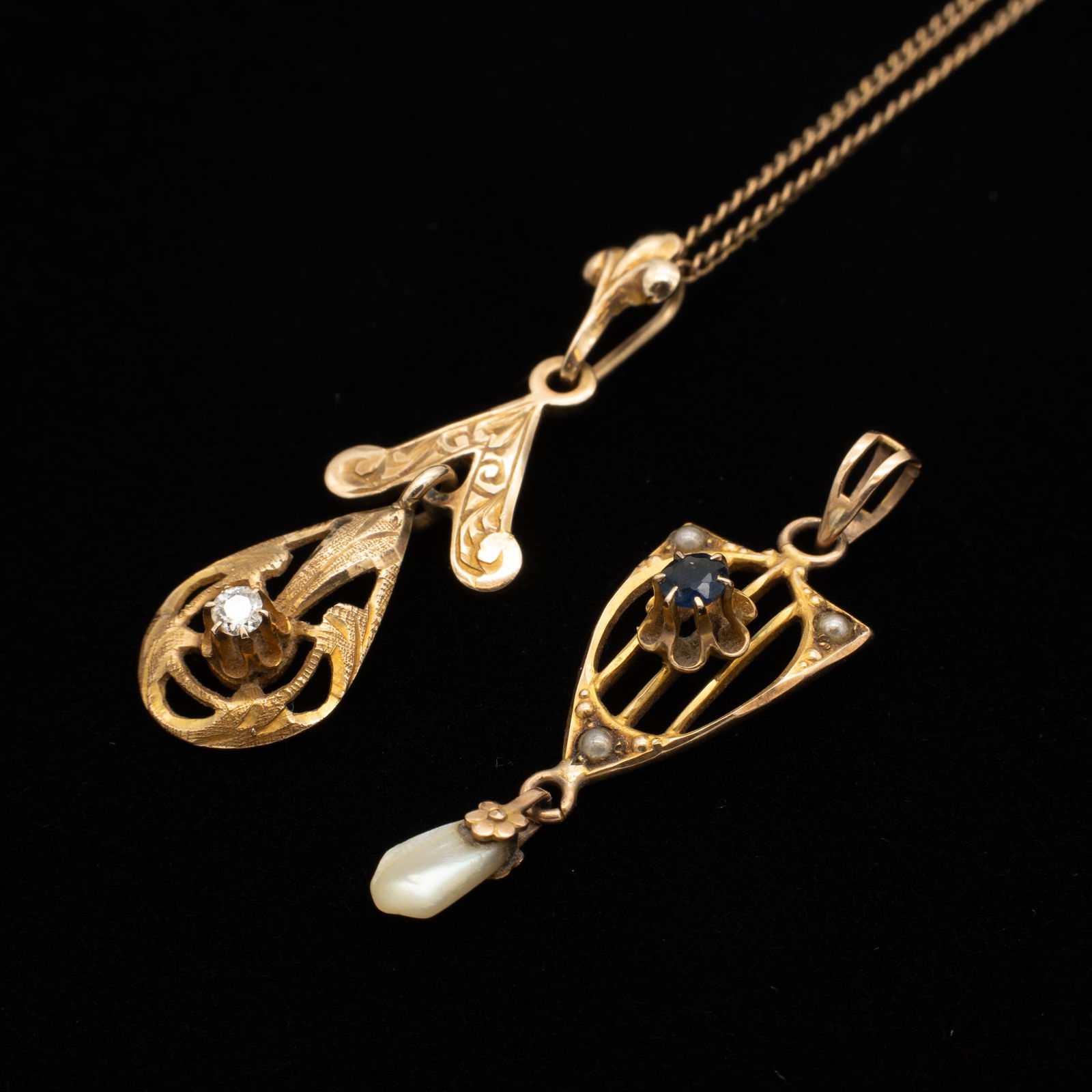 2 10k Gold, Diamond, Sapphire, Antique Lavalier Pendants Necklace (1 of 8)
