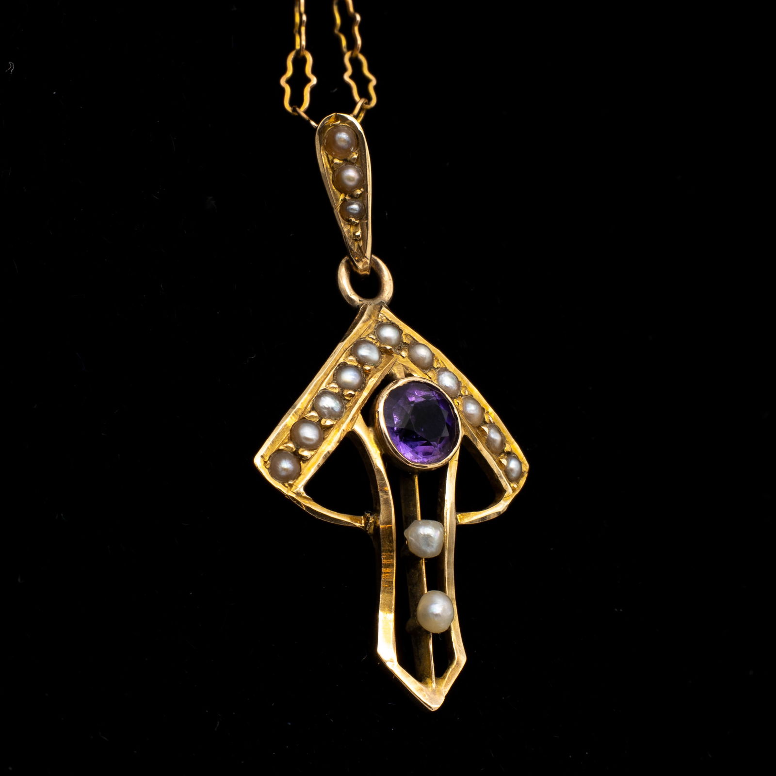 Antique Art Nouveau 10k Gold, Seed Pearl, Amethyst Lavalier Pendant Necklace (1 of 6)