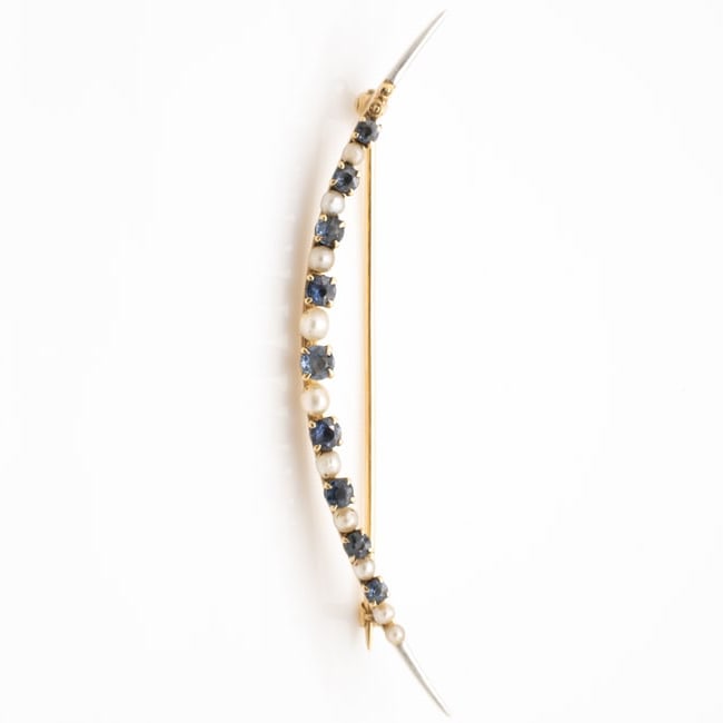 Antique 14k Gold, Sapphire, Seed Pearl, Crescent Brooch (1 of 4)