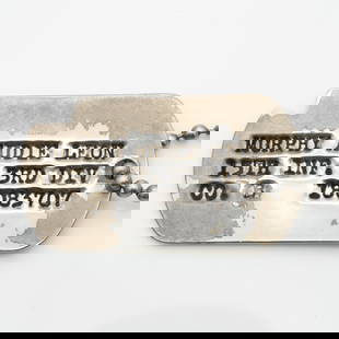 Audie Murphy Dog Tag with Provenance: Lot 1B Audie Murphy Dog Tag with Provenance Description: Audie Murphy owned Dog Tag A dog tag belonging to Audie Leon Murphy, the most decorated U.S. combat soldier of World War II. The tag is Stamped