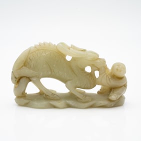 Carved Chinese Celadon Jade Group of a Figure and Dragon