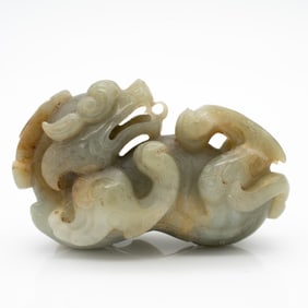 Carved Chinese Celadon Jade Figure of a Qilin or Mythical Beast