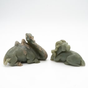 Group of Two Carved Chinese Hardstone Animal Sculptures, Recumbent Bactrian Camel and Celadon Ram