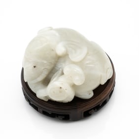 Carved Chinese Jade Group of an Elephant with Lingzhi Fungus