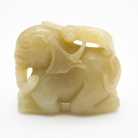 Carved Chinese Jade Toggle of an Elephant with Monkey