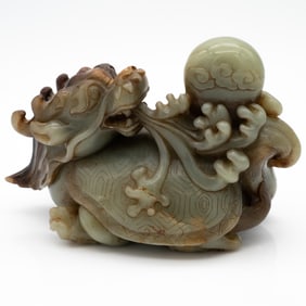 Large Chinese Jade Carving of a Dragon and Flaming Pearl with Tortoise Shell
