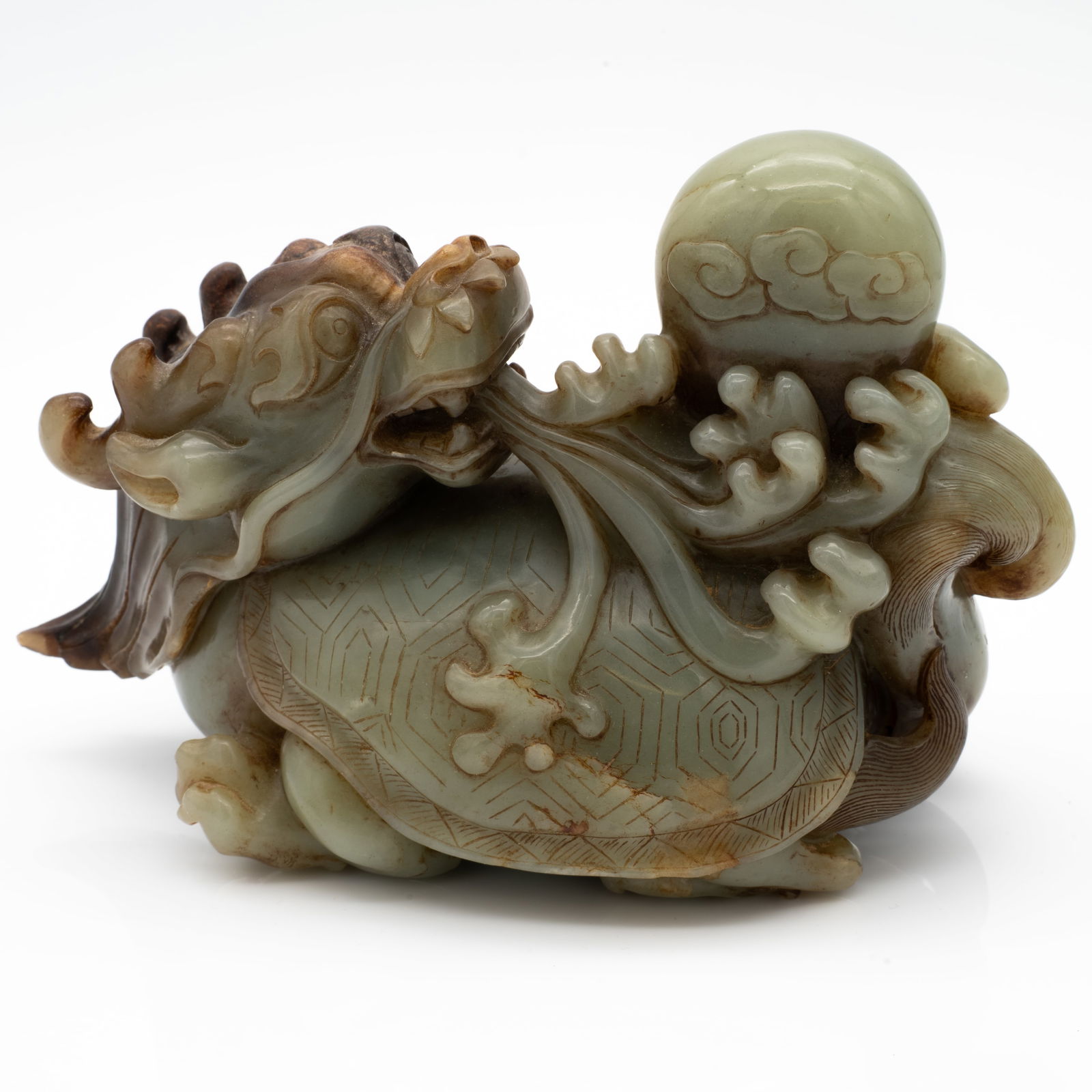 Large Chinese Jade Carving of a Dragon and Flaming Pearl with Tortoise Shell (1 of 8)
