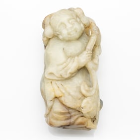 Carved Chinese Jade Figure Holding a Lotus Stem