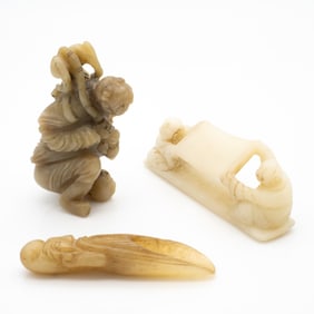 Group of Three Chinese Hardstone Carvings, Scholar’s Tool, Scroll Bearers, and Monk